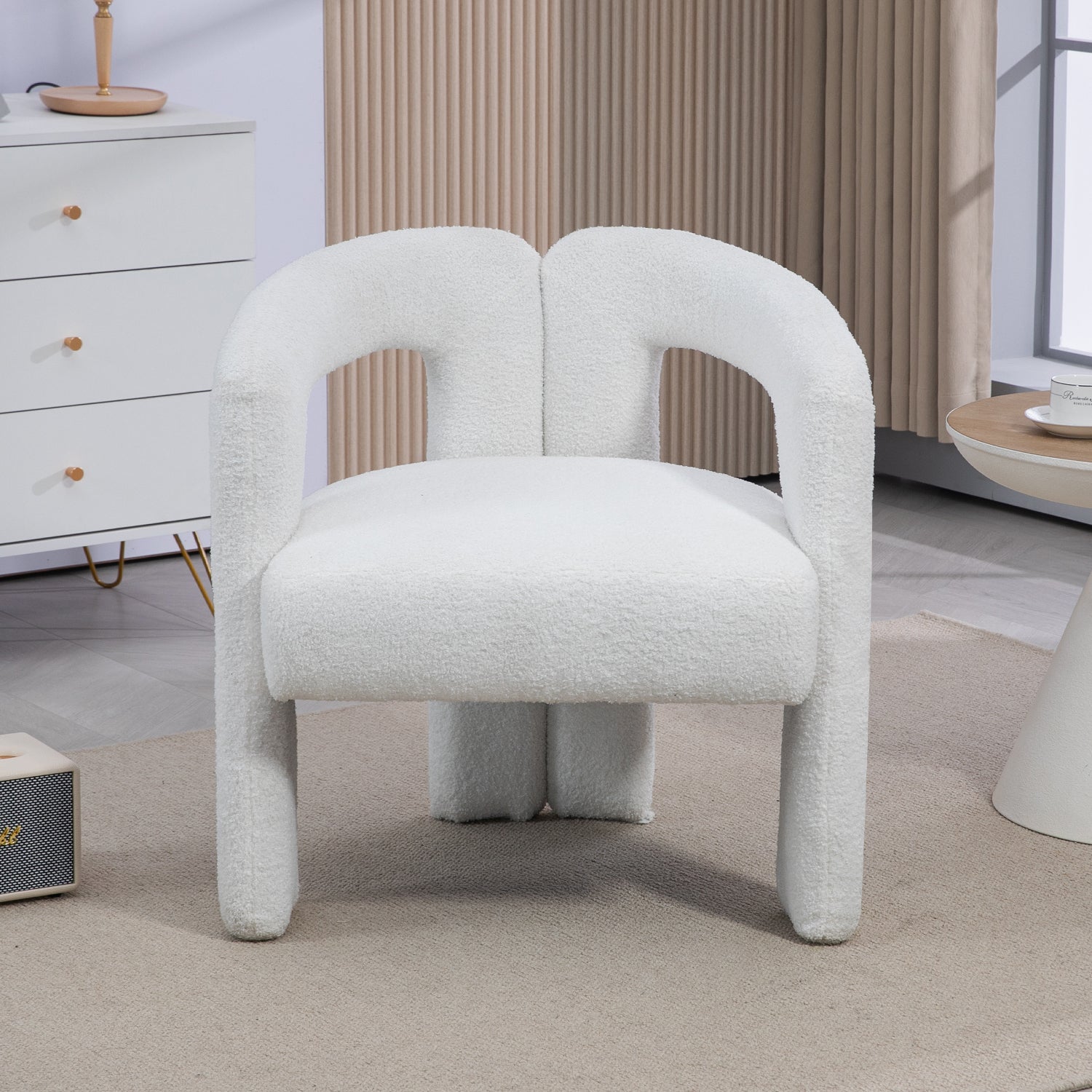 Contemporary Beige Teddy Fabric Dining Chair with Open Back for Dining Room