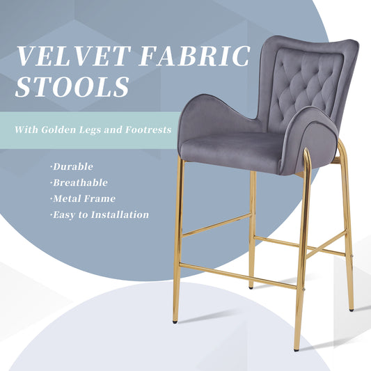 Anouk 28.75' Velvet Bar Stools with Gold Legs, Gray