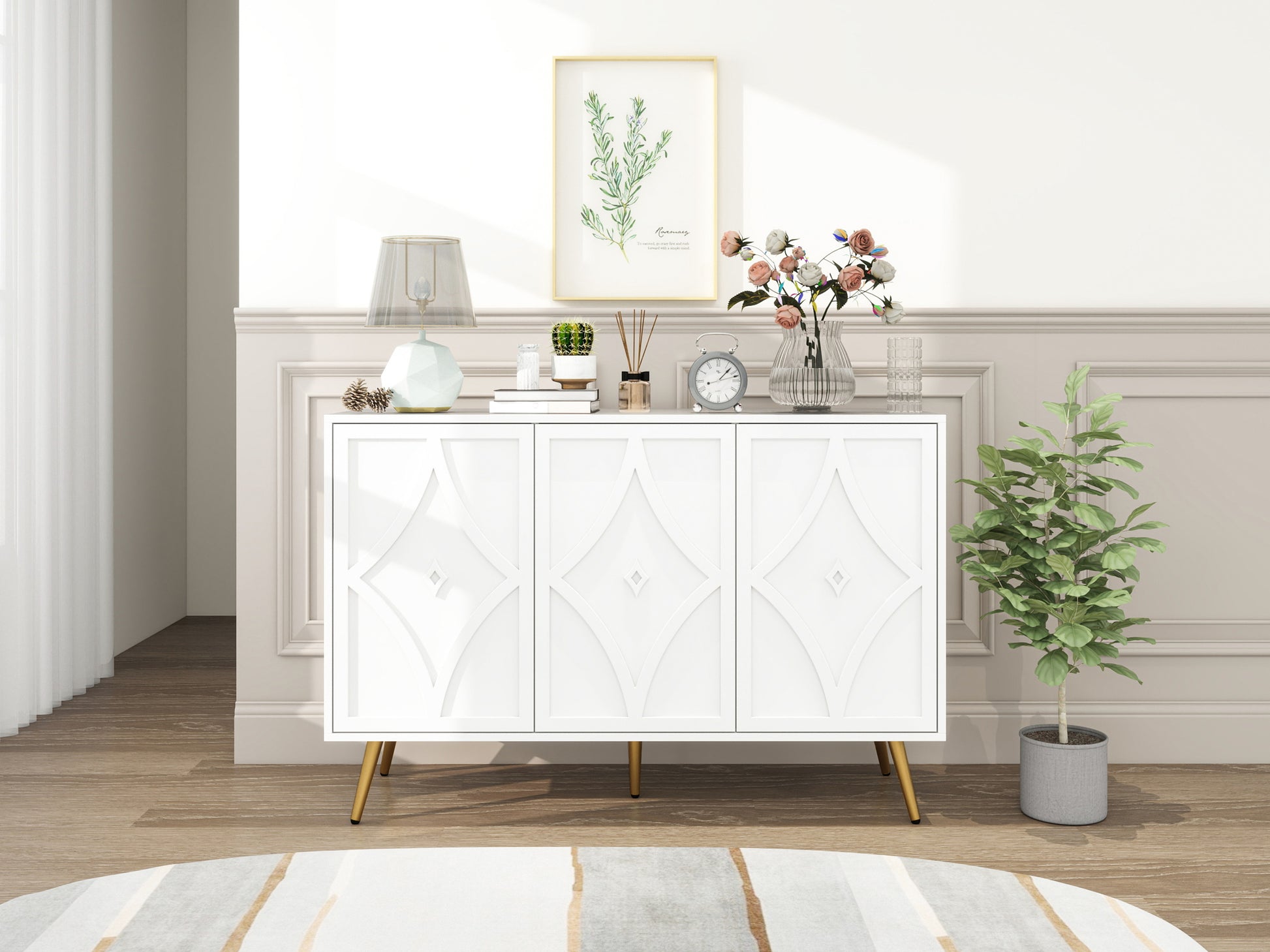 Ellery Diamond Carved Wooden Cabinet with Gold Legs, White