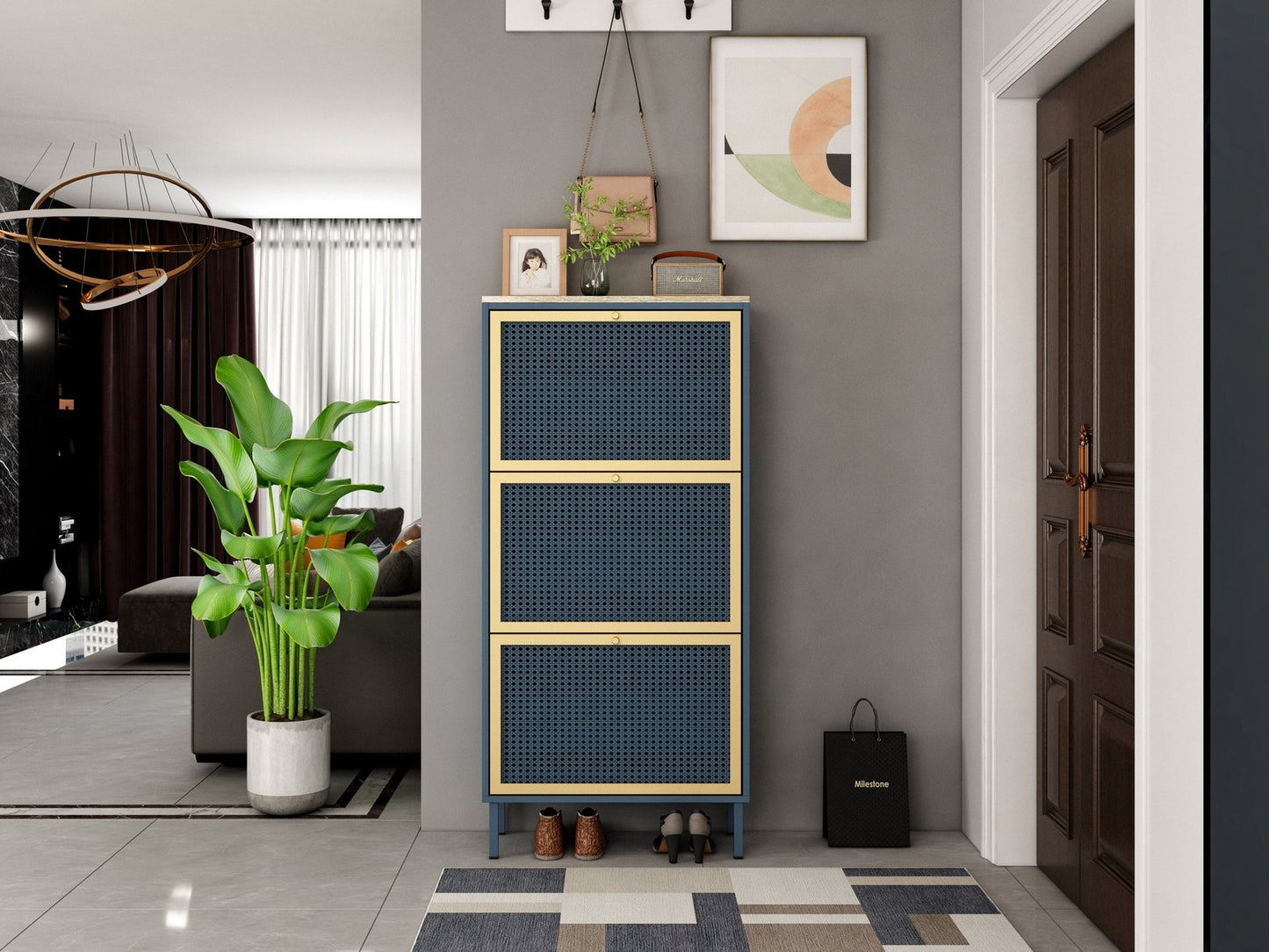 Riley Mid-Century Modern Shoe Cabinet - Blue & Gold