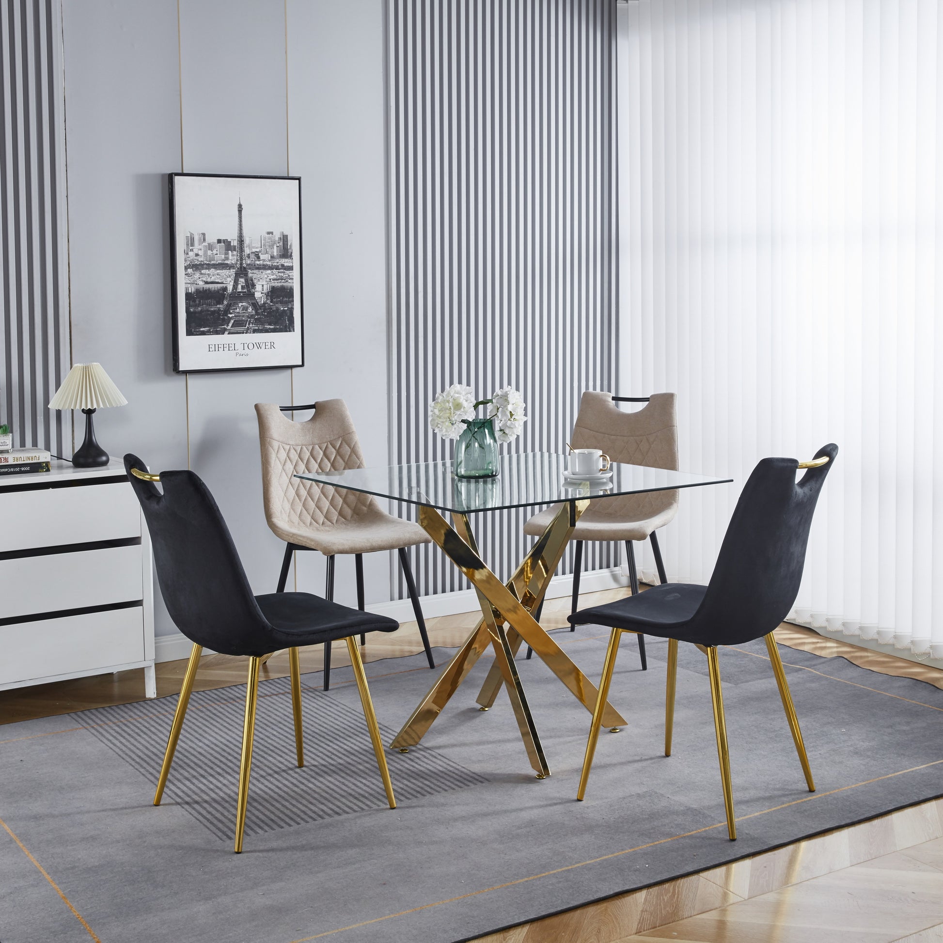 Iola Modern Square Glass Top Dining Table with Crossed Metal Legs