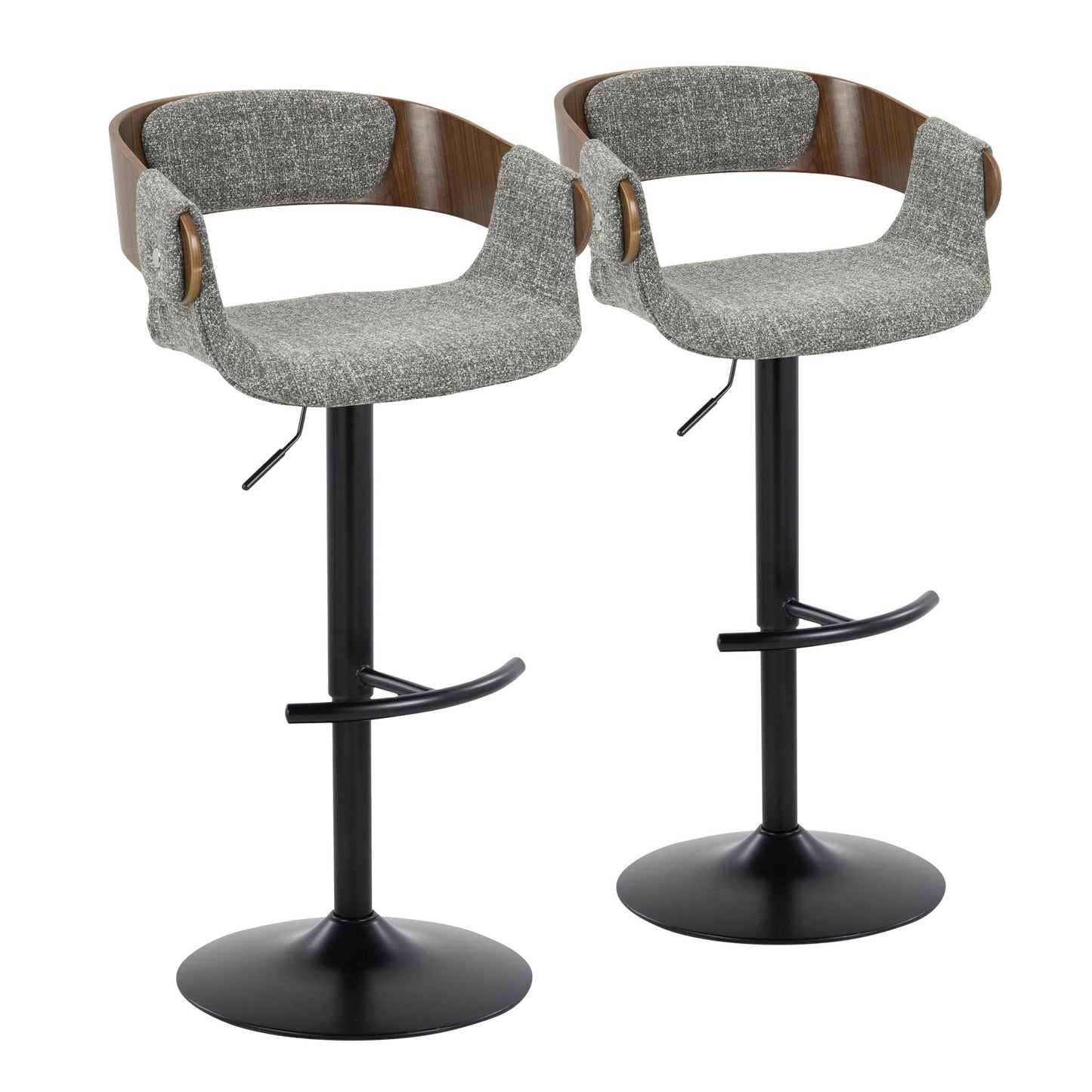 Elisa Mid-Century Modern Adjustable Barstool with Swivel, Walnut & Gray Set of 2