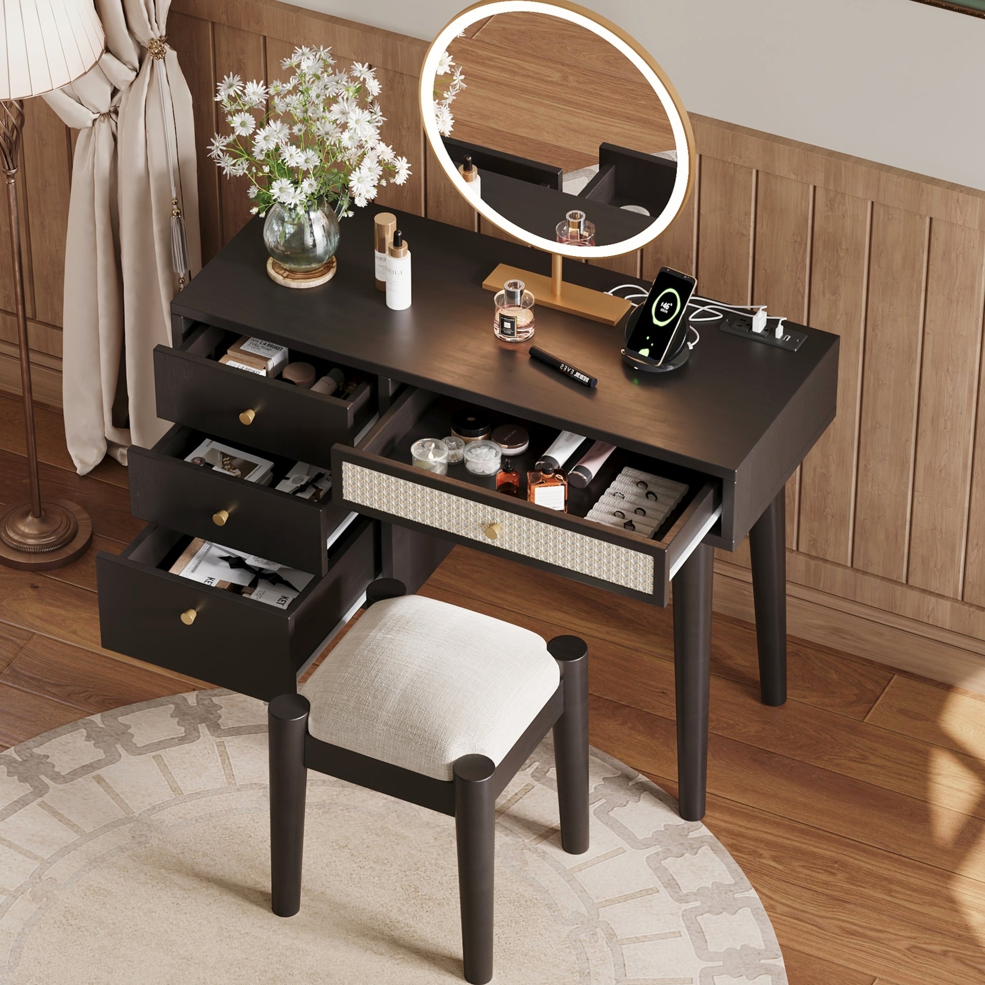 Jolene 39' Retro Bohemian Style Wooden Makeup Vanity Set, Black