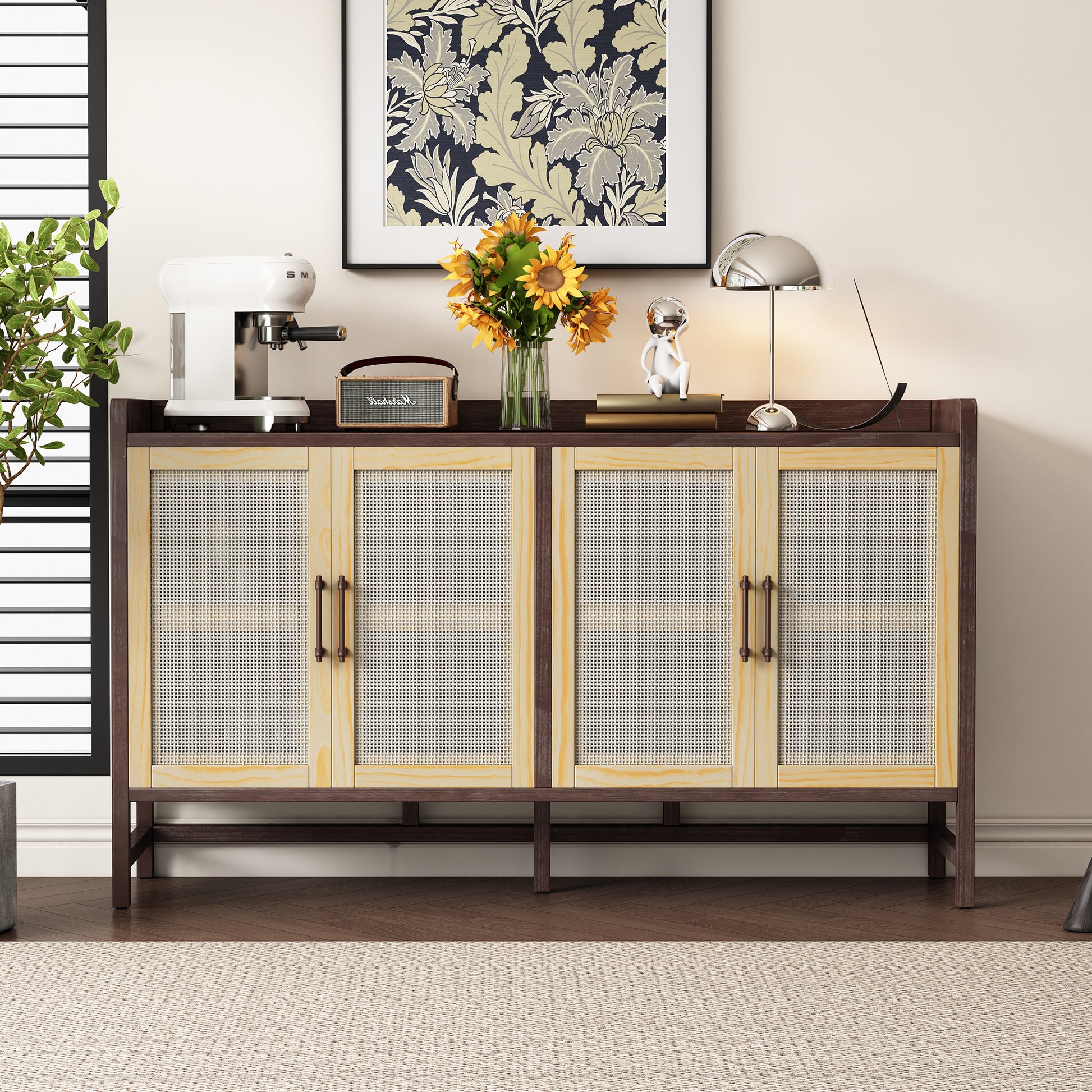 Halcyon Rustic Cabinet with Rattan Doors, Walnut & Natural