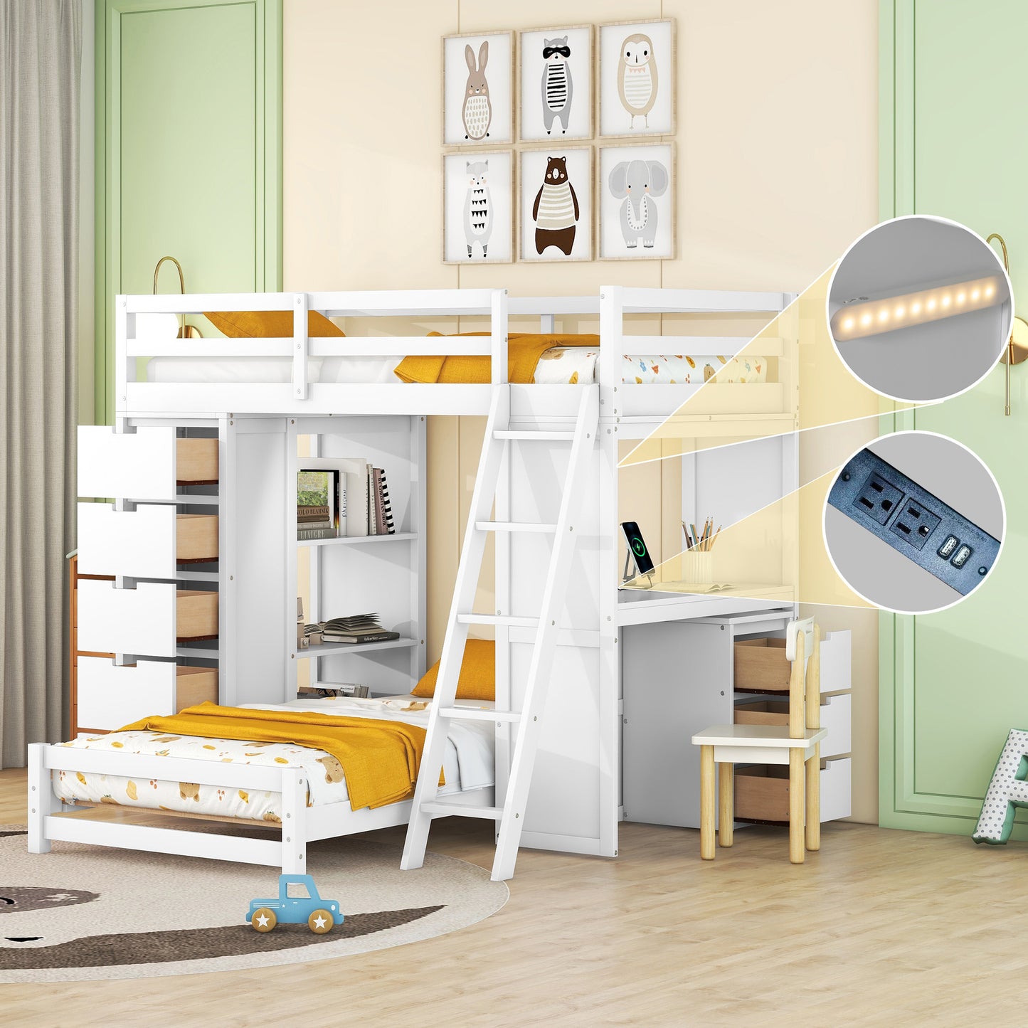 Ward Twin over Twin Bunk Bed with LED Light and USB Ports, White