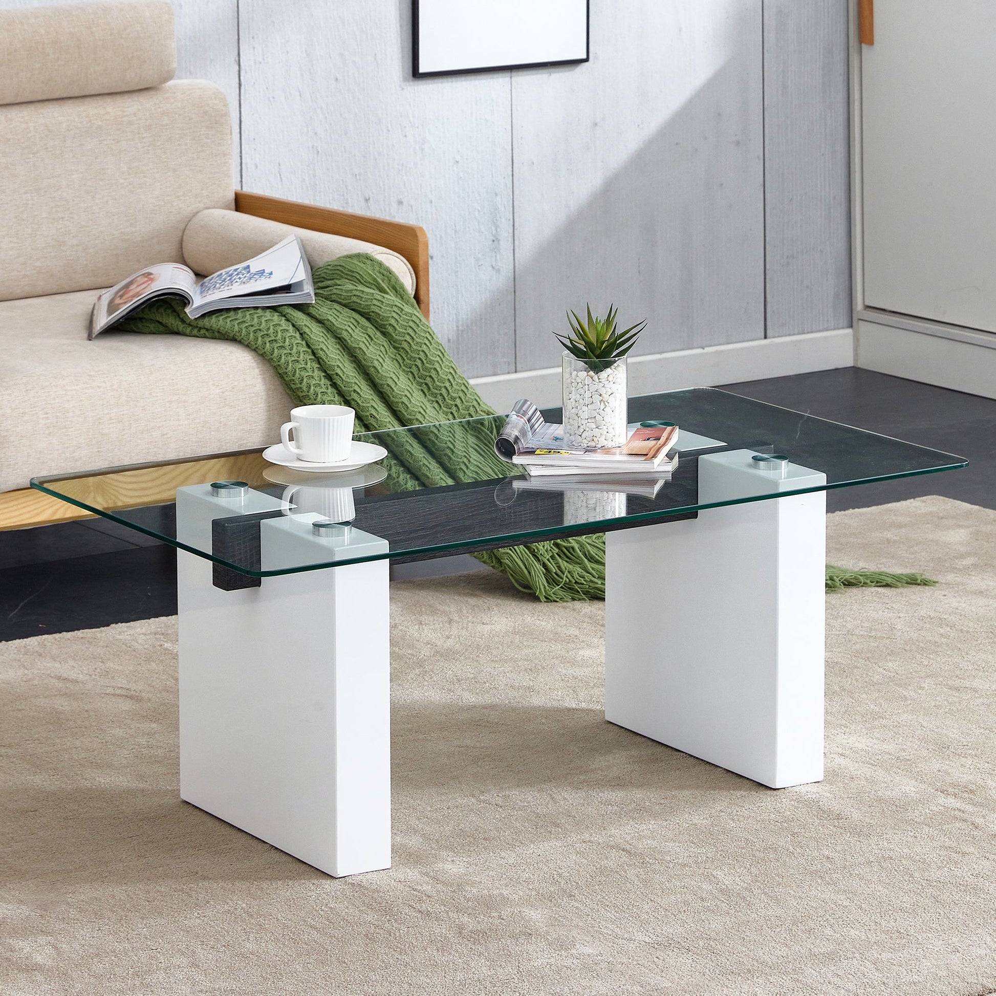 Mabel Modern Glass Top Coffee Table with White Legs