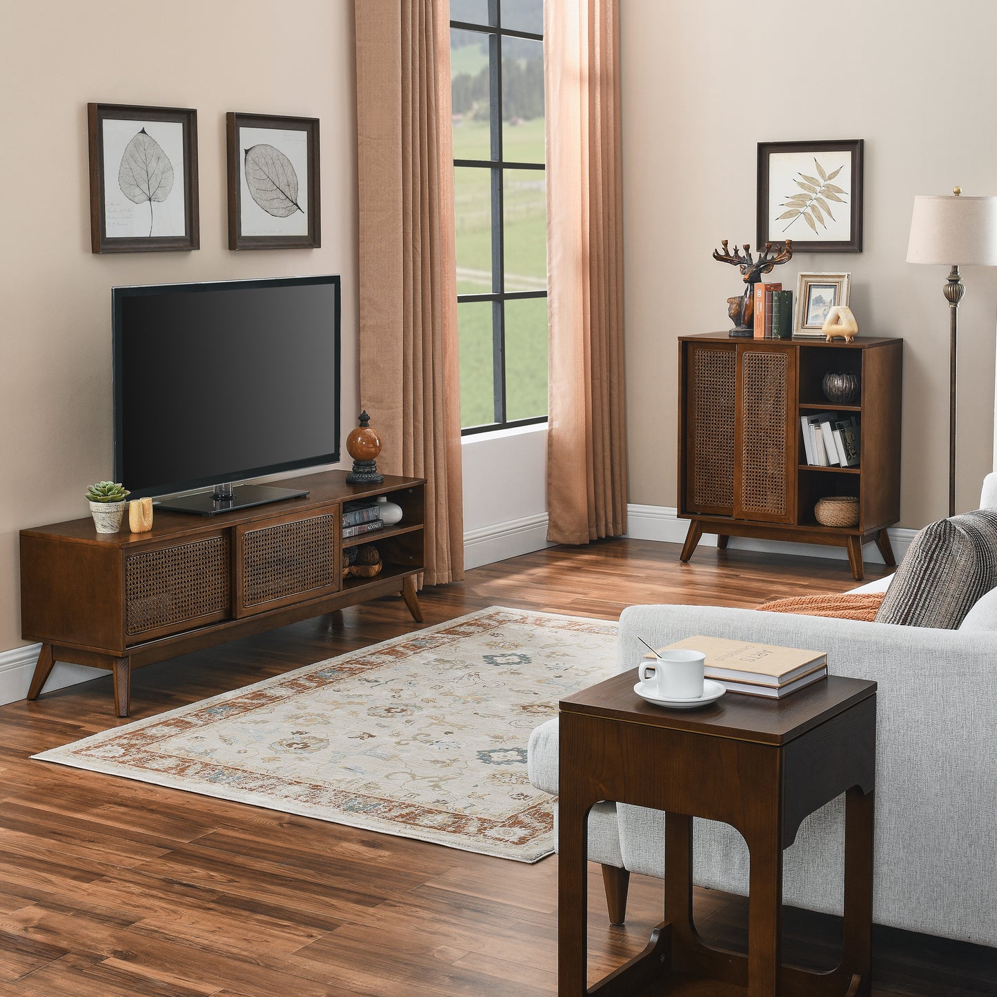 Margot Mid-Century Modern Cabinet in Dark Walnut with Rattan Doors