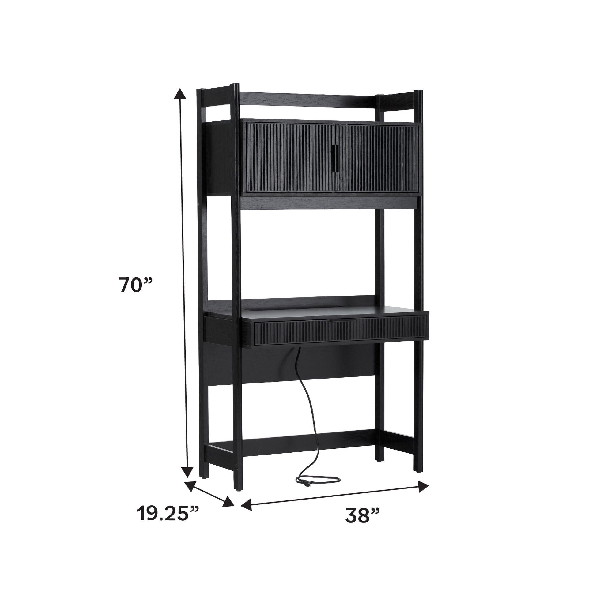 Transitional Reeded Desk with Hutch and Drawers Plus Tech Management - Black