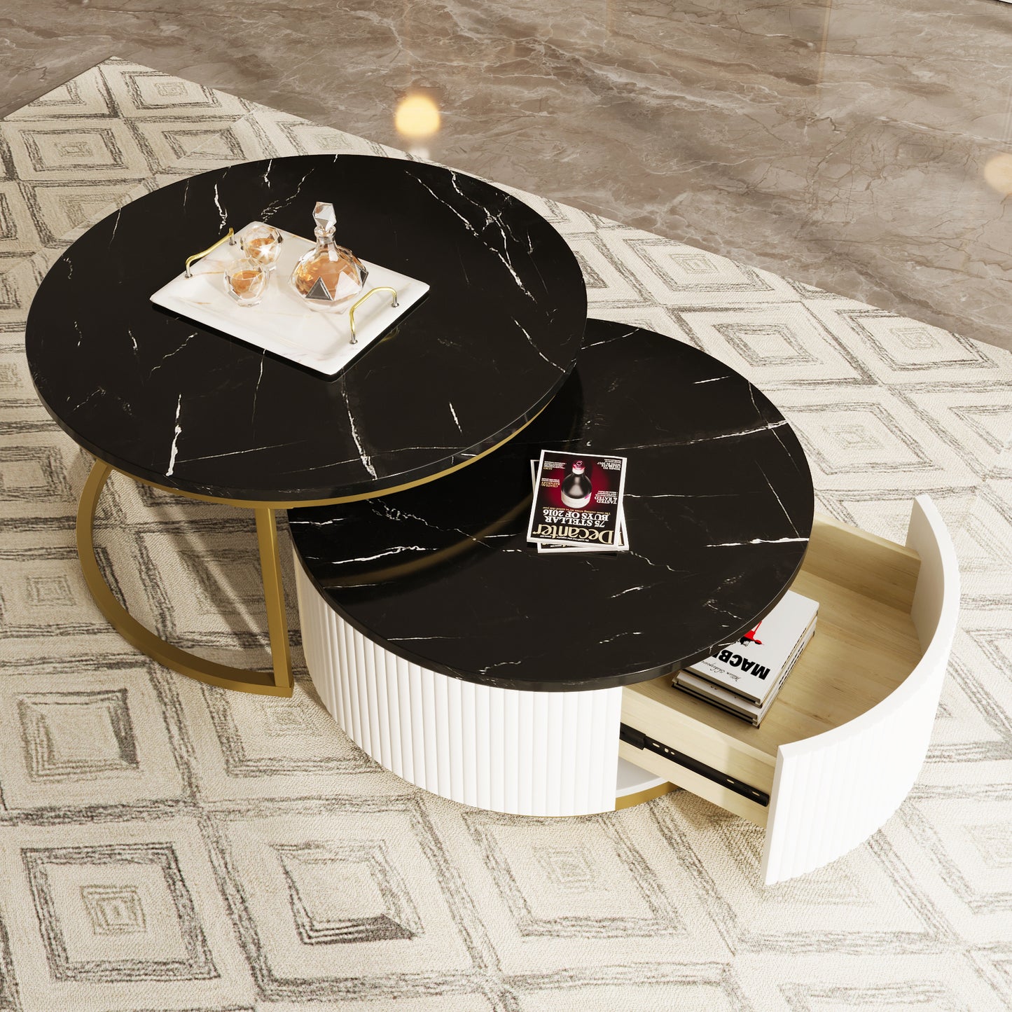 Maggie Modern Round Nesting Coffee Table Fluted with Drawer in Black & Gold in 31.5''