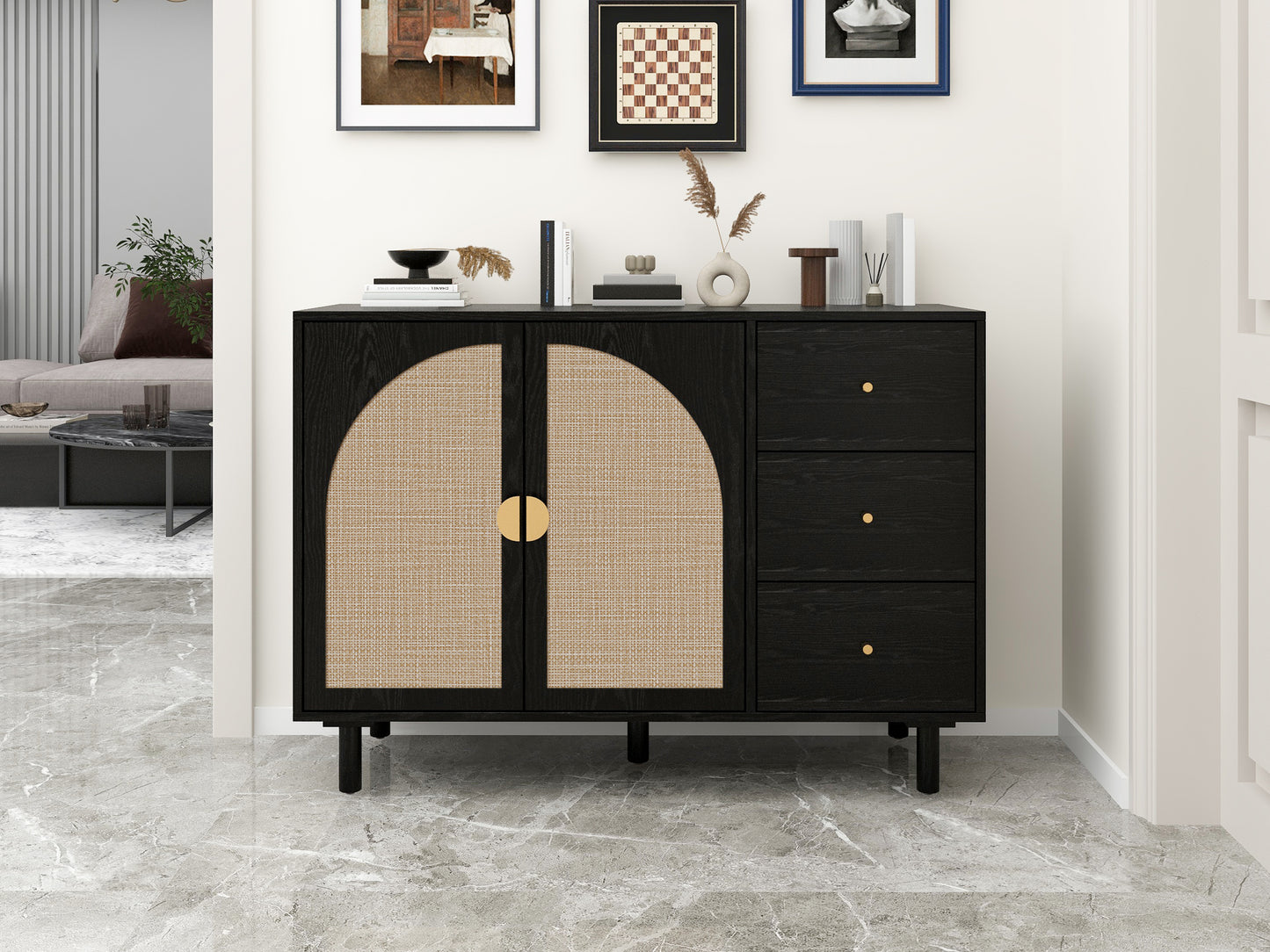 Rune Mid-Century Modern Cabinet with Rattan Doors, Black