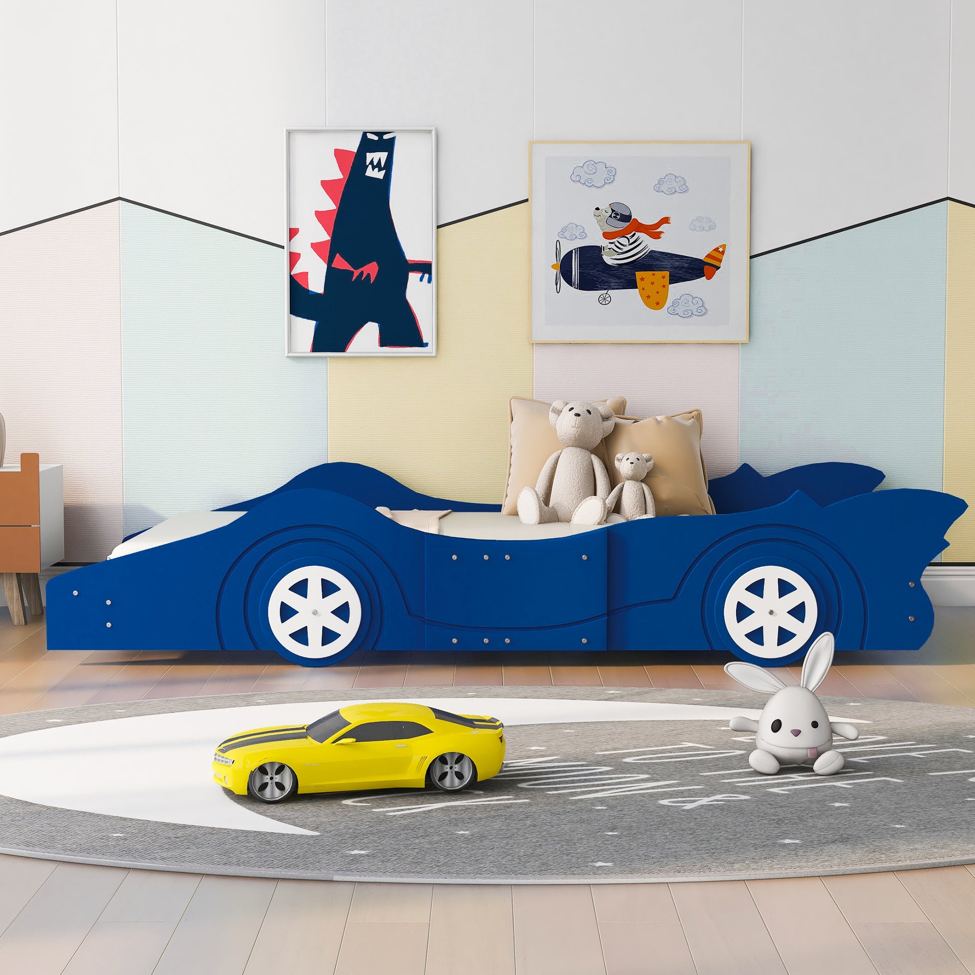 Bart Twin Size Race Car-Shaped Platform Bed with Wheels,Blue