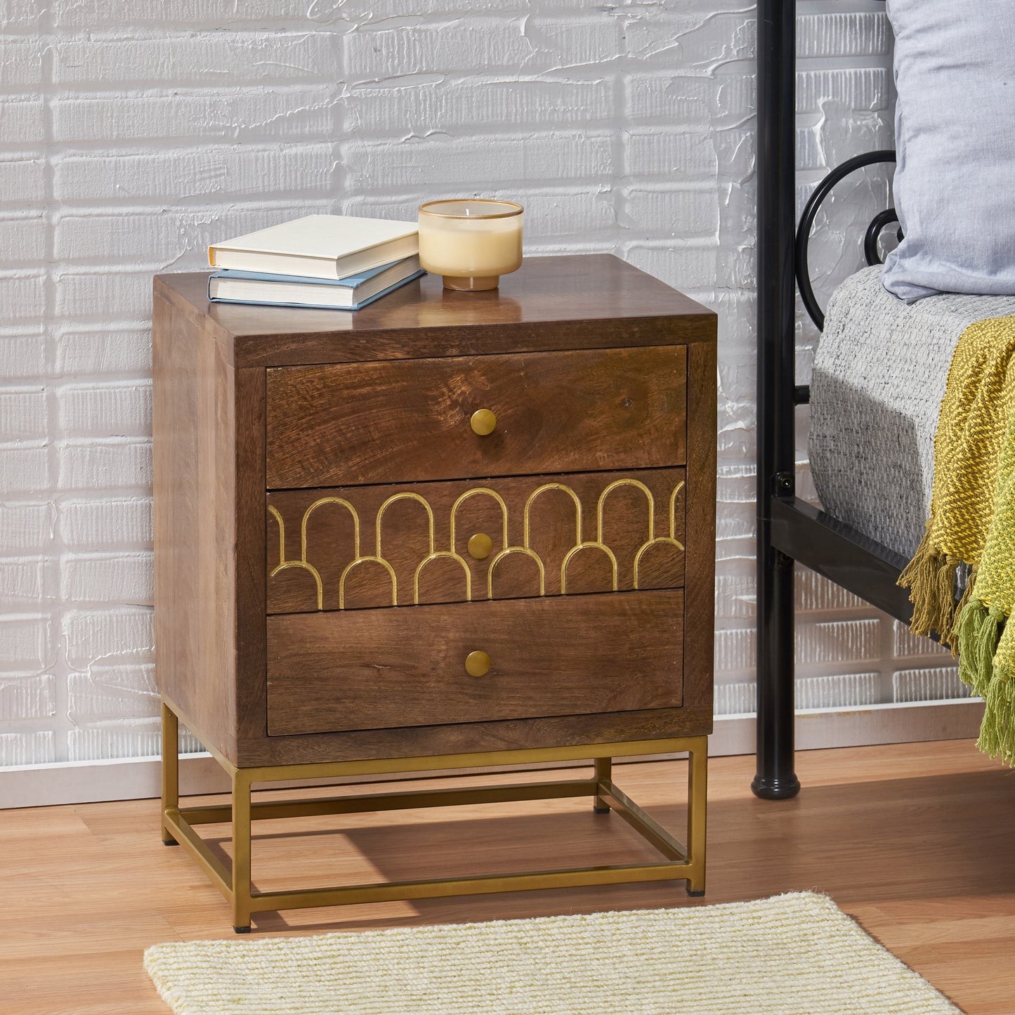 Phyllis Contemporary 3-Drawer Nightstand with Gold Accents