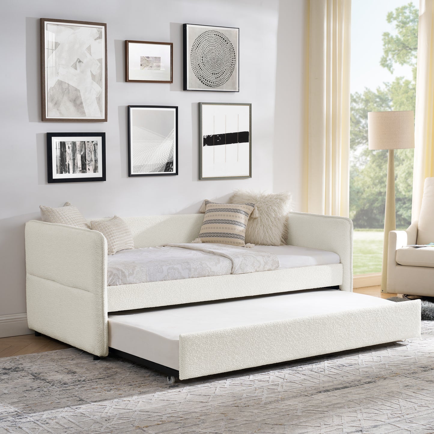 Tellis Twin Size Beige Boucle Daybed & Trundle Set