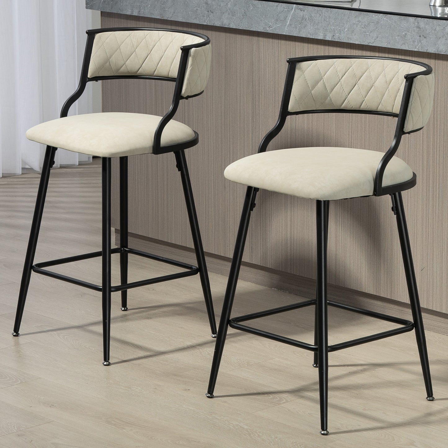 Contemporary Faux Leather 26" Counter Height Bar Stool with Black Powder-Coated Base Set of 2 Beige