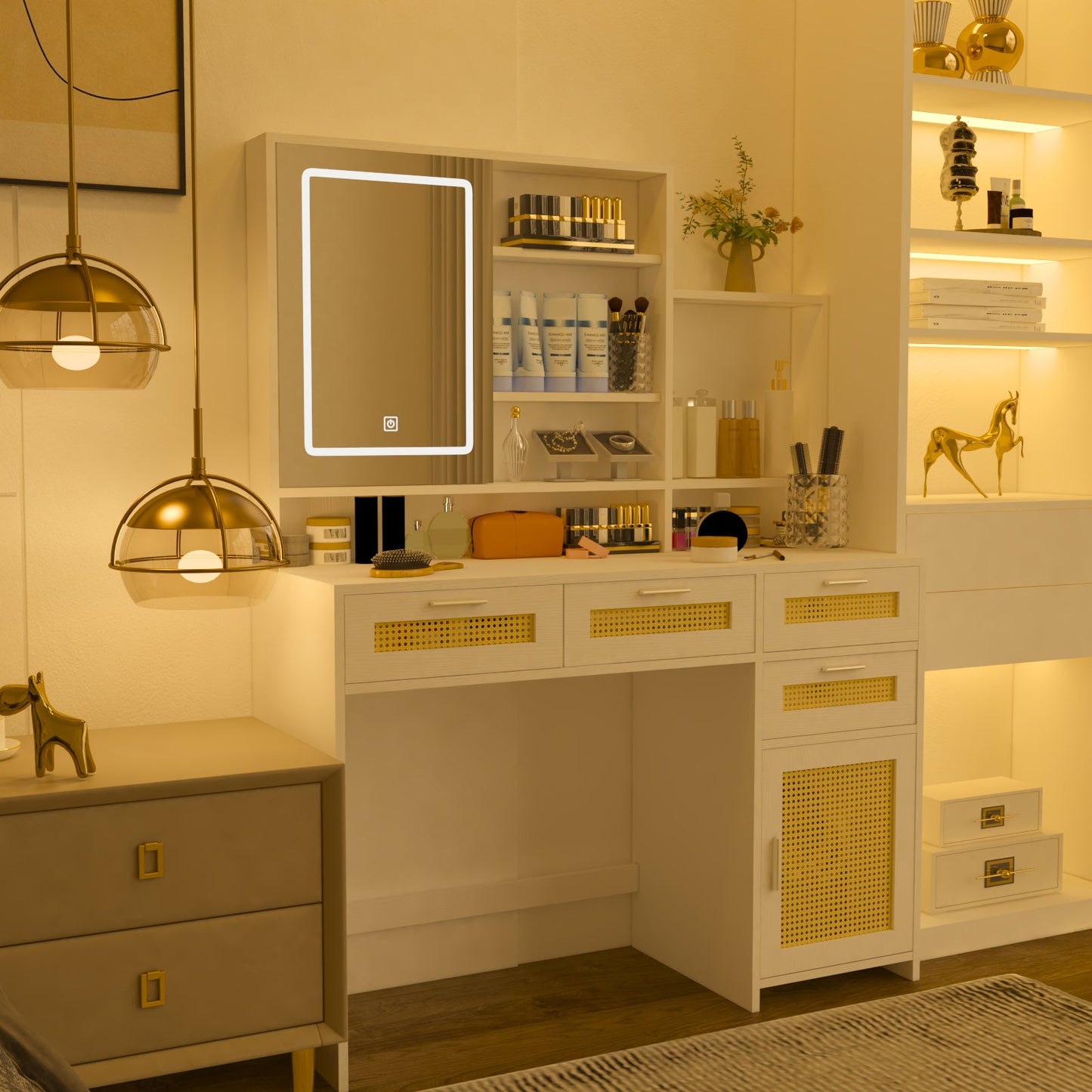 Florence Modern Vanity in White with Natural Rattan Drawer Fronts