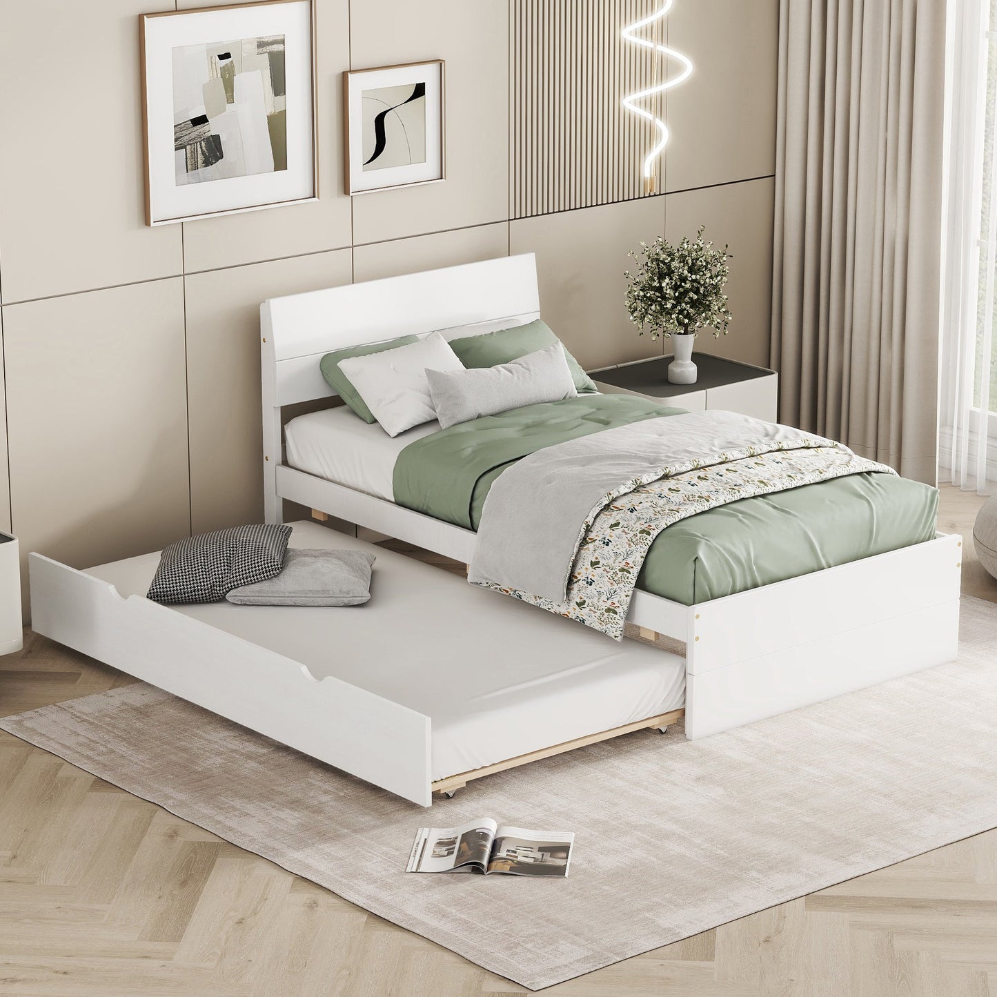 Juniper Modern High Gloss Twin Bed with Trundle, White