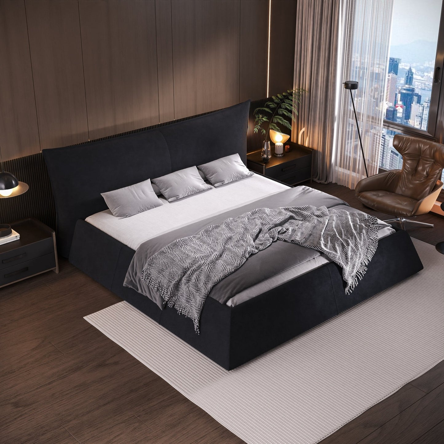 Zephyra Modern Velvet King Size Platform Bed in Black