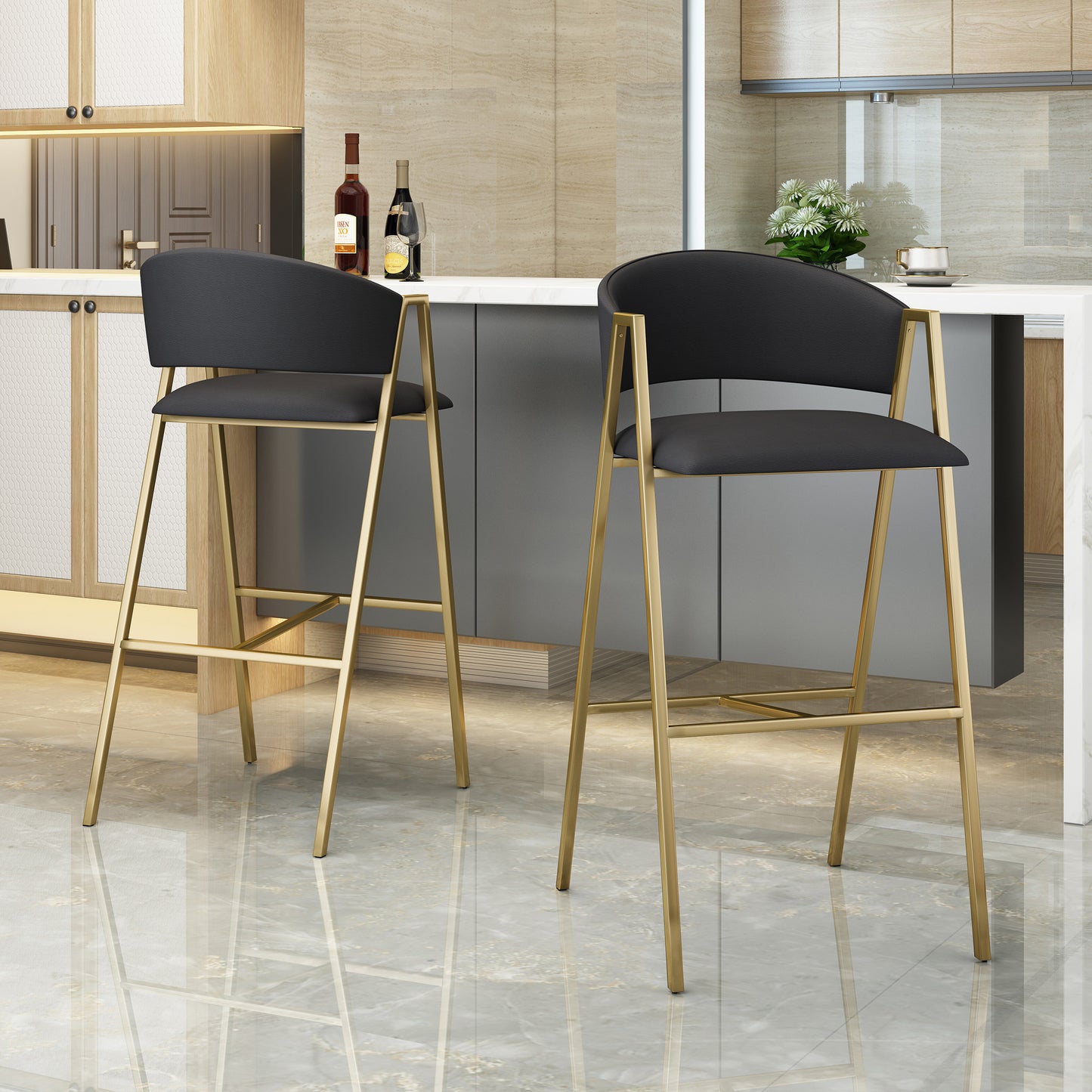 Misha Modern Black PU Leather & Gold Bar Stools Set of 2