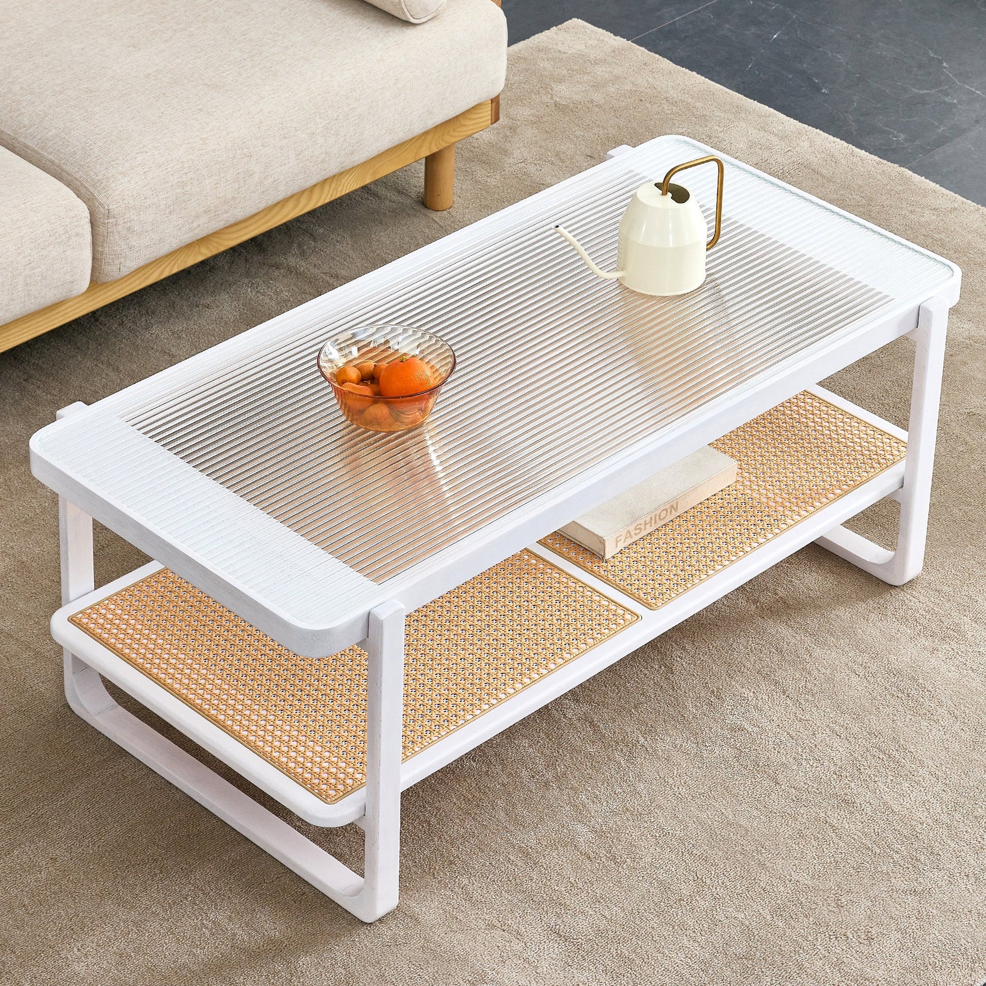 Dallas Modern Glass Top Coffee Table with Rattan Shelf - White