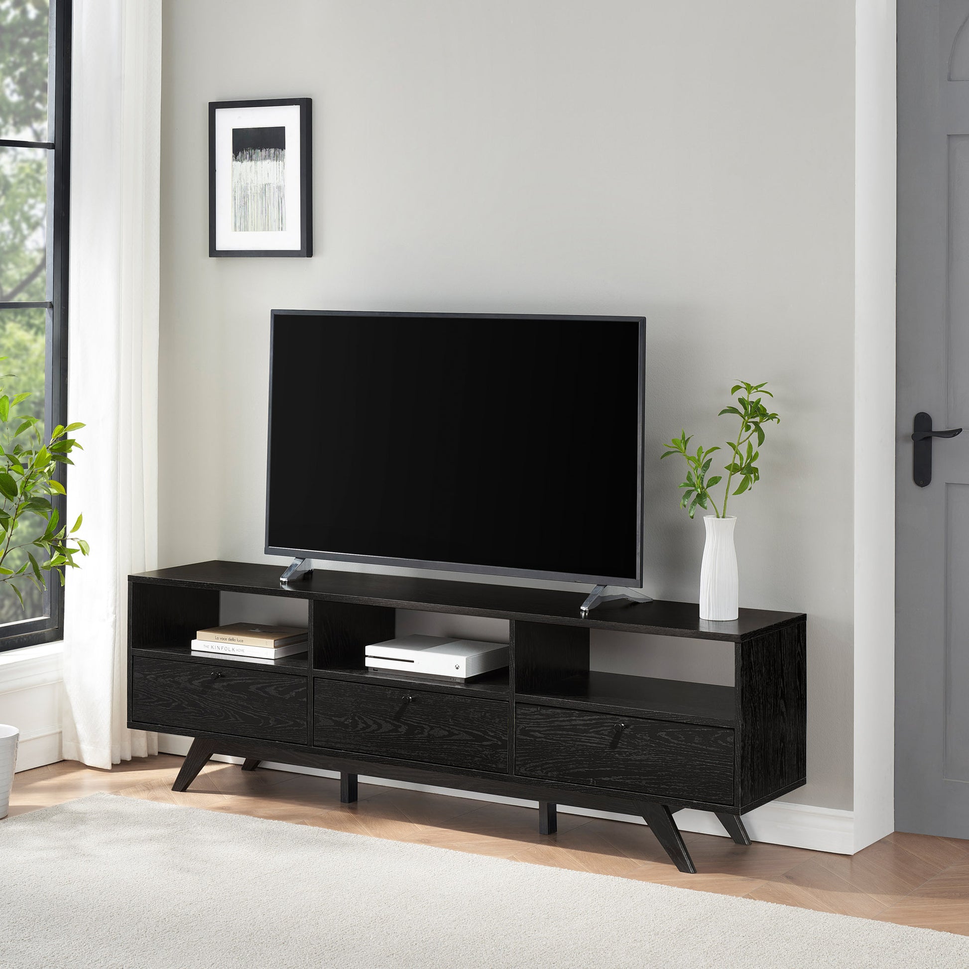 Naomi Modern Scandi 3-Door Low Profile TV Stand for TVs up to 80 Inches – Black