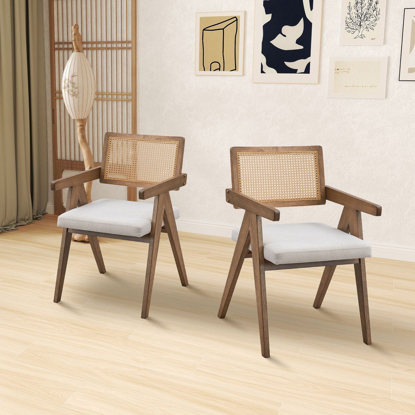 Marlowe Mid-Century Modern Rattan Back Arm Chairs Set of 2 , Oak