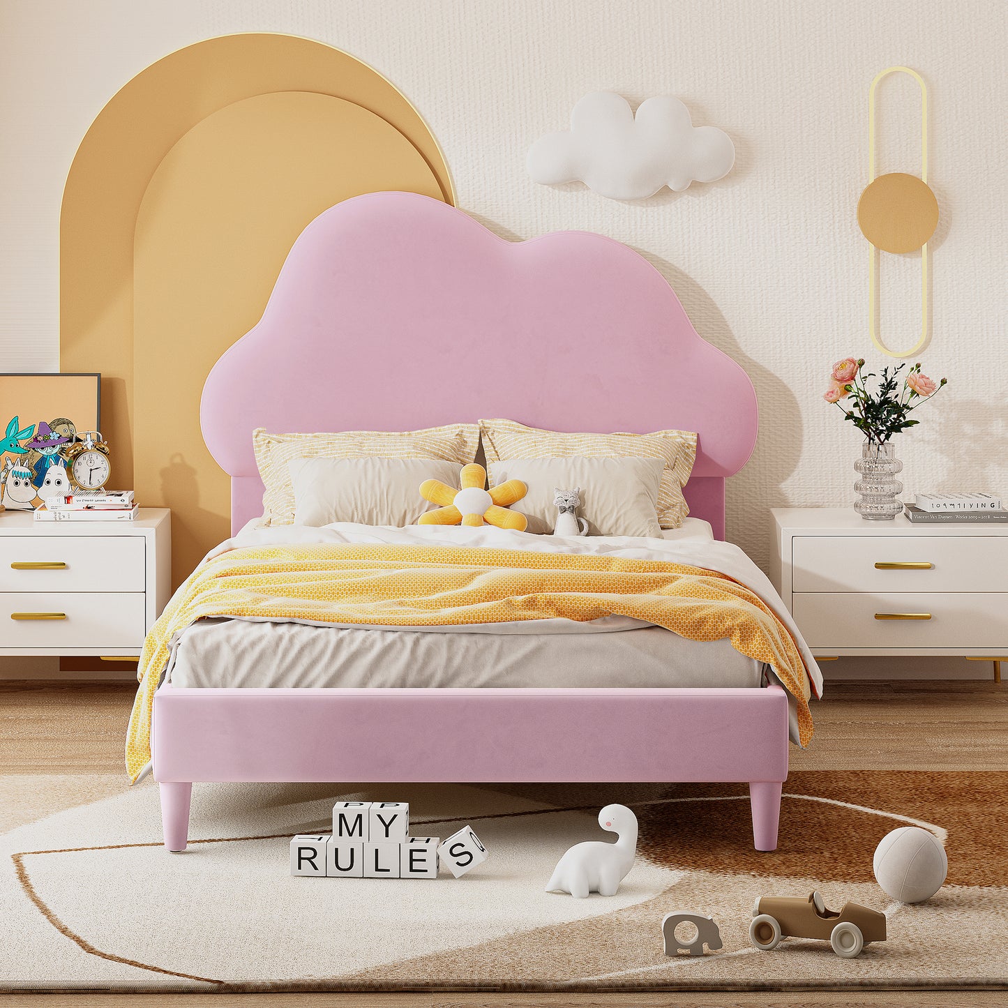 Melodi Cloud Shape Velvet Youth Platform Bed, Pink