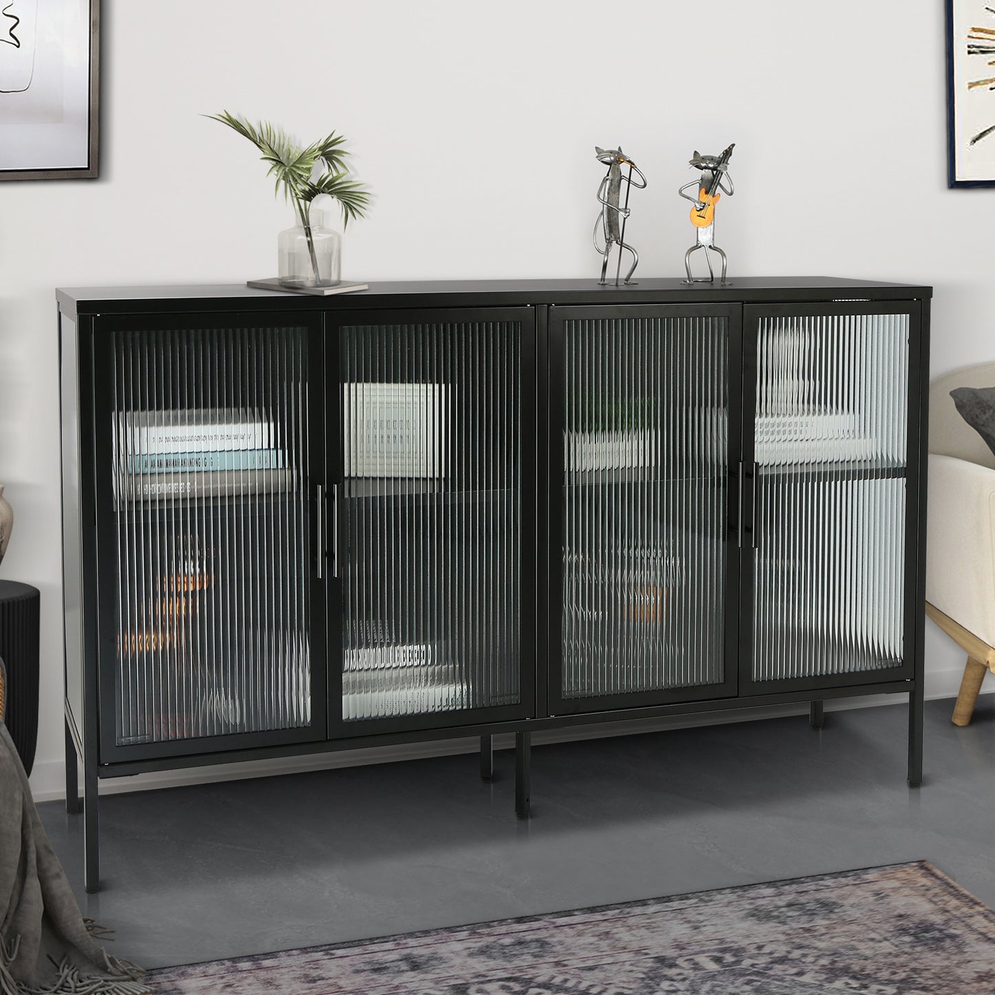 Zane 4-Door Metal Cabinet with Tempered Glass Doors, Black