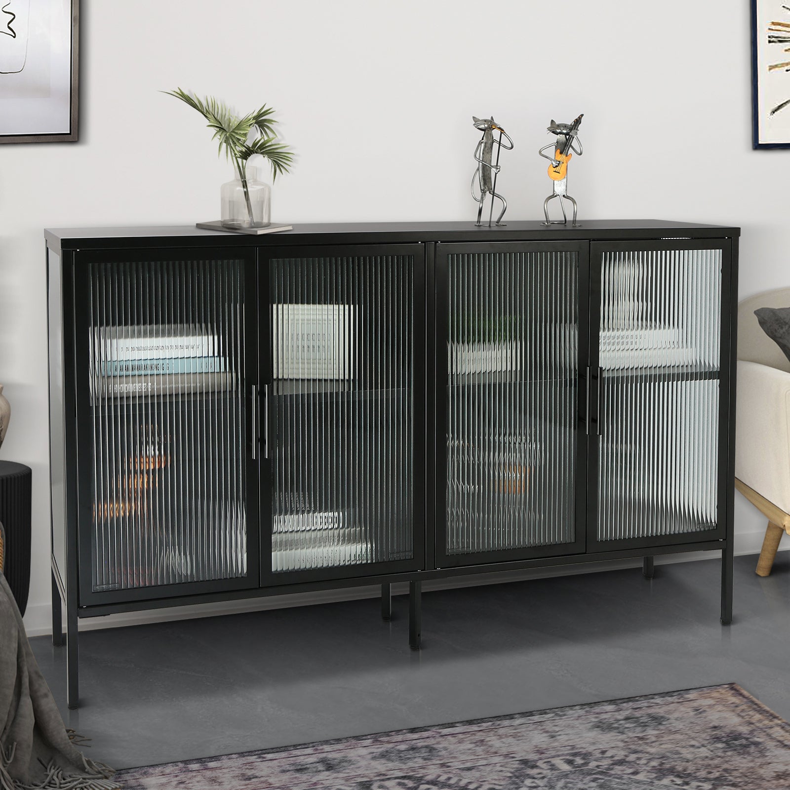 Zane 4-Door Metal Cabinet with Tempered Glass Doors, Black