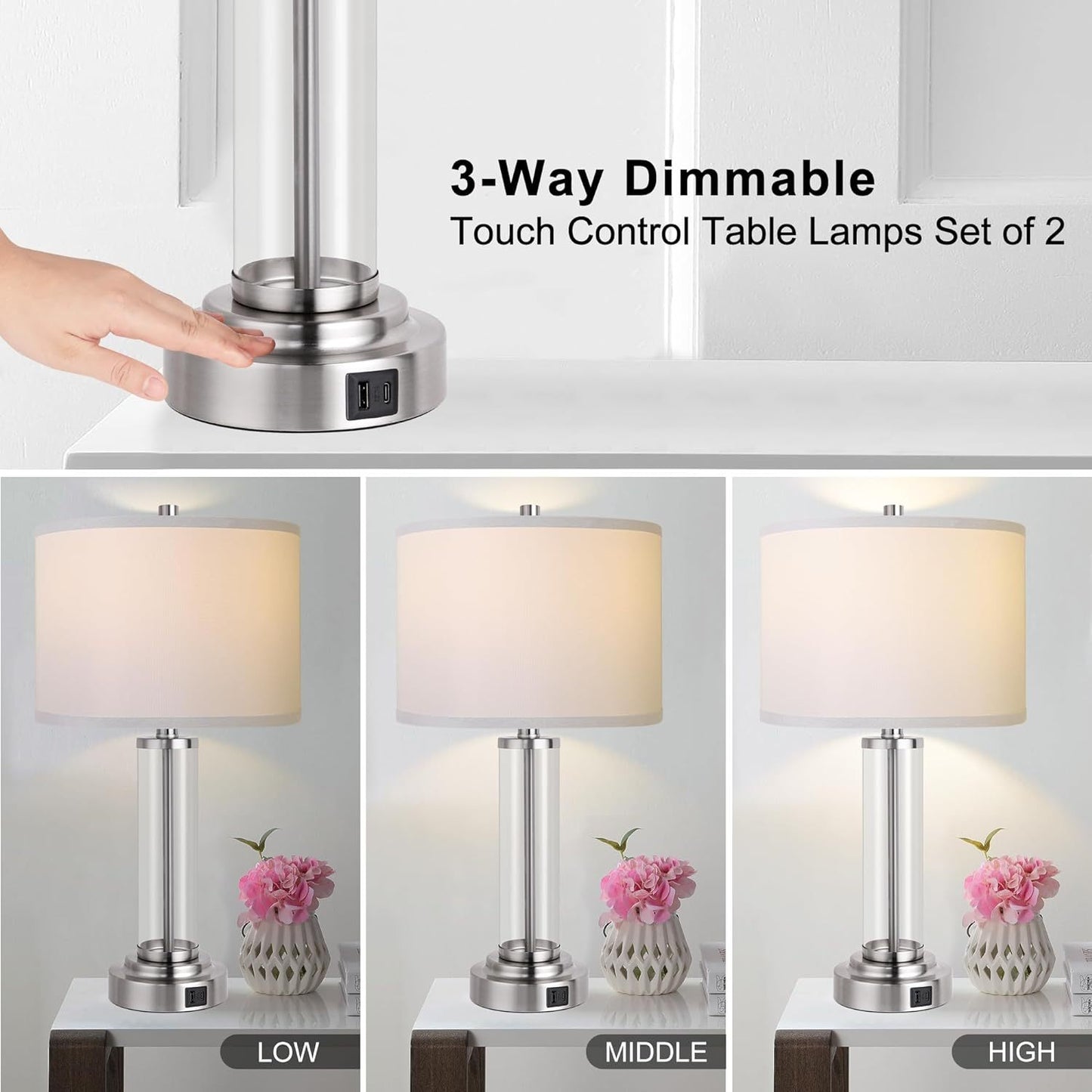 Set of 2 3-Way Dimmable Table Lamps with USB Charging