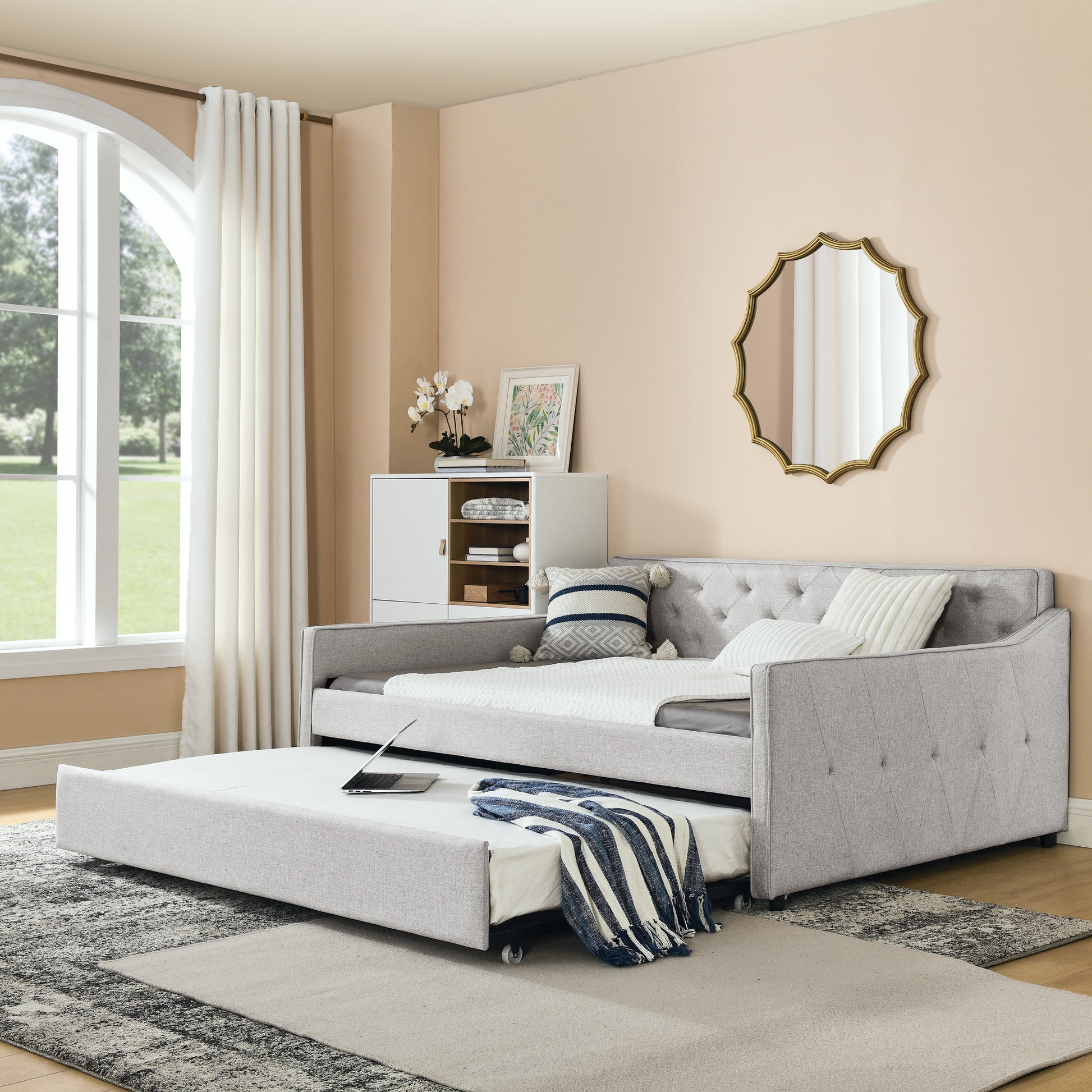 Aria Twin Size Linen Daybed & Trundle Set, Beige