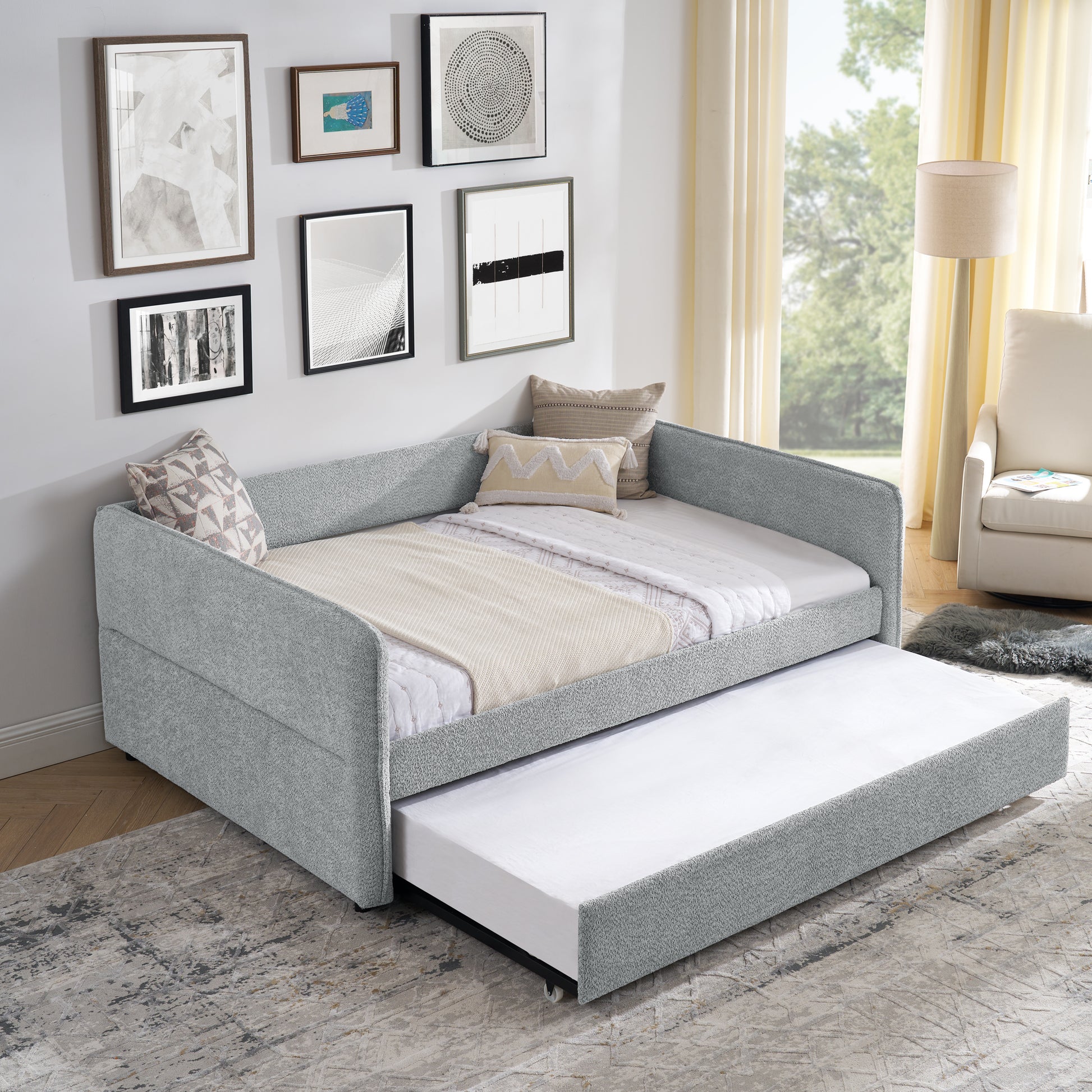 Banning Full Size Boucle Upholstered Daybed & Trundle, Gray