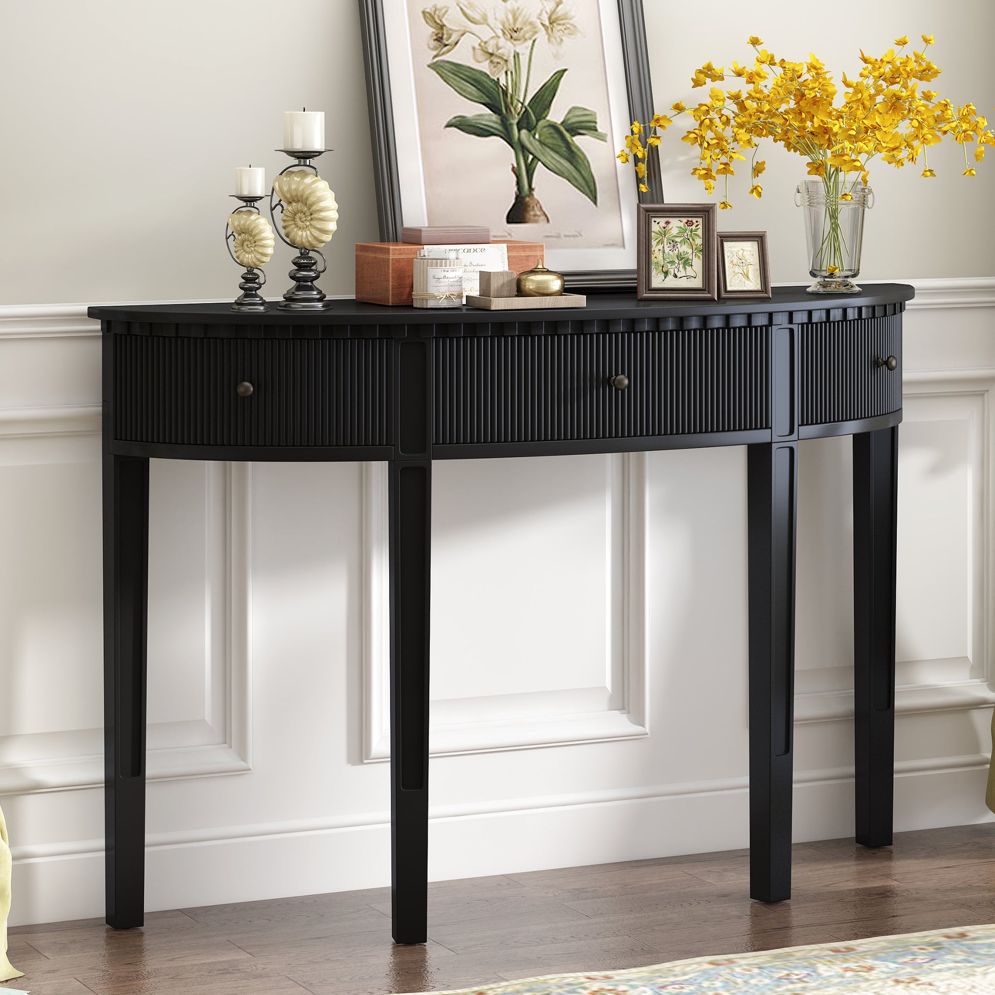 Leonard Transitional 3-Drawer Vertical Stripe Console Table, Black