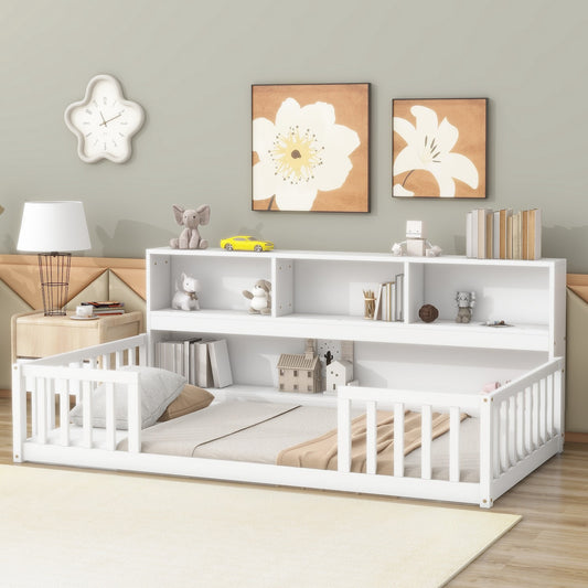 Thorton Twin Size Floor Bed with Bookcase in White