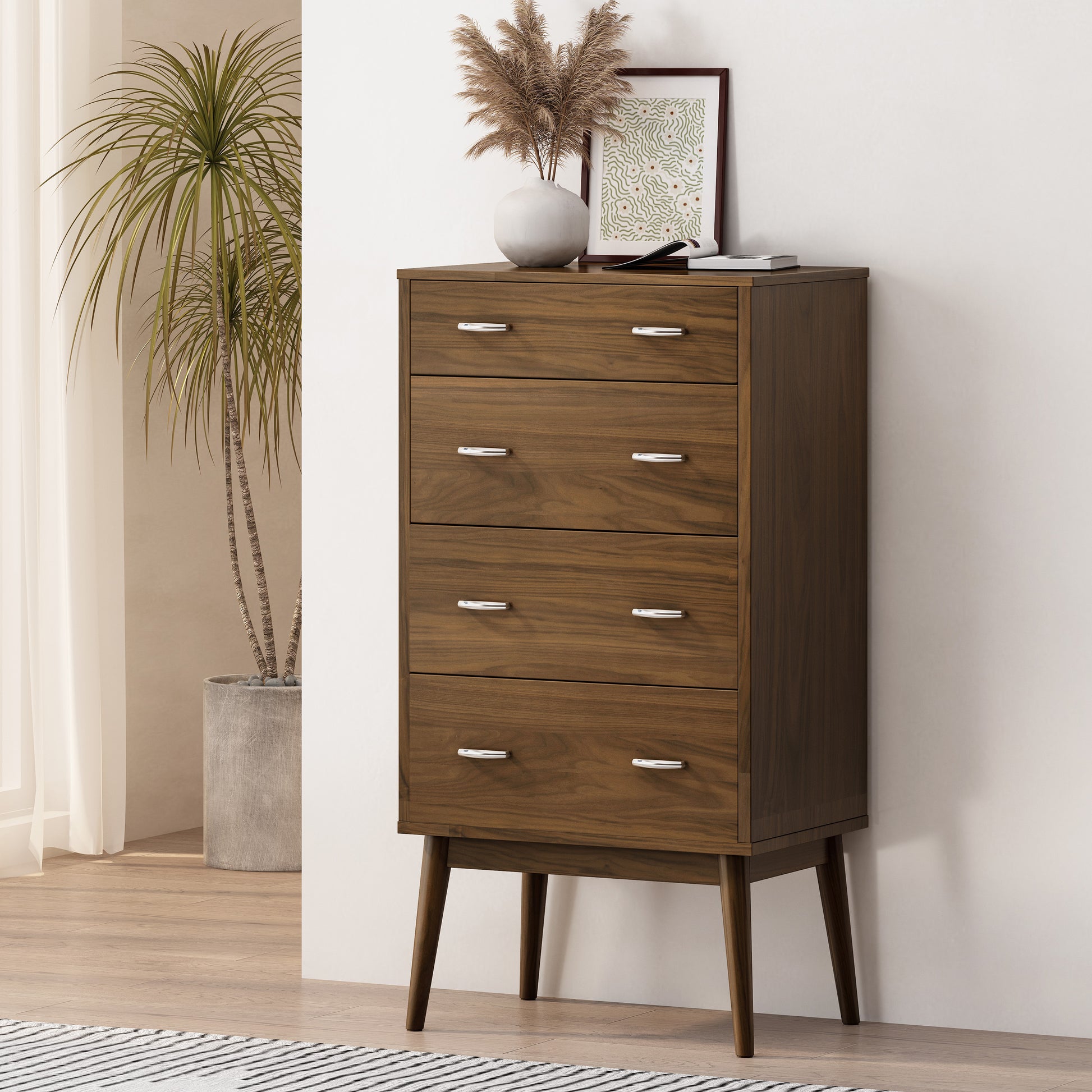 Nissa Mid-Century Modern 4-Drawer Chest, Walnut