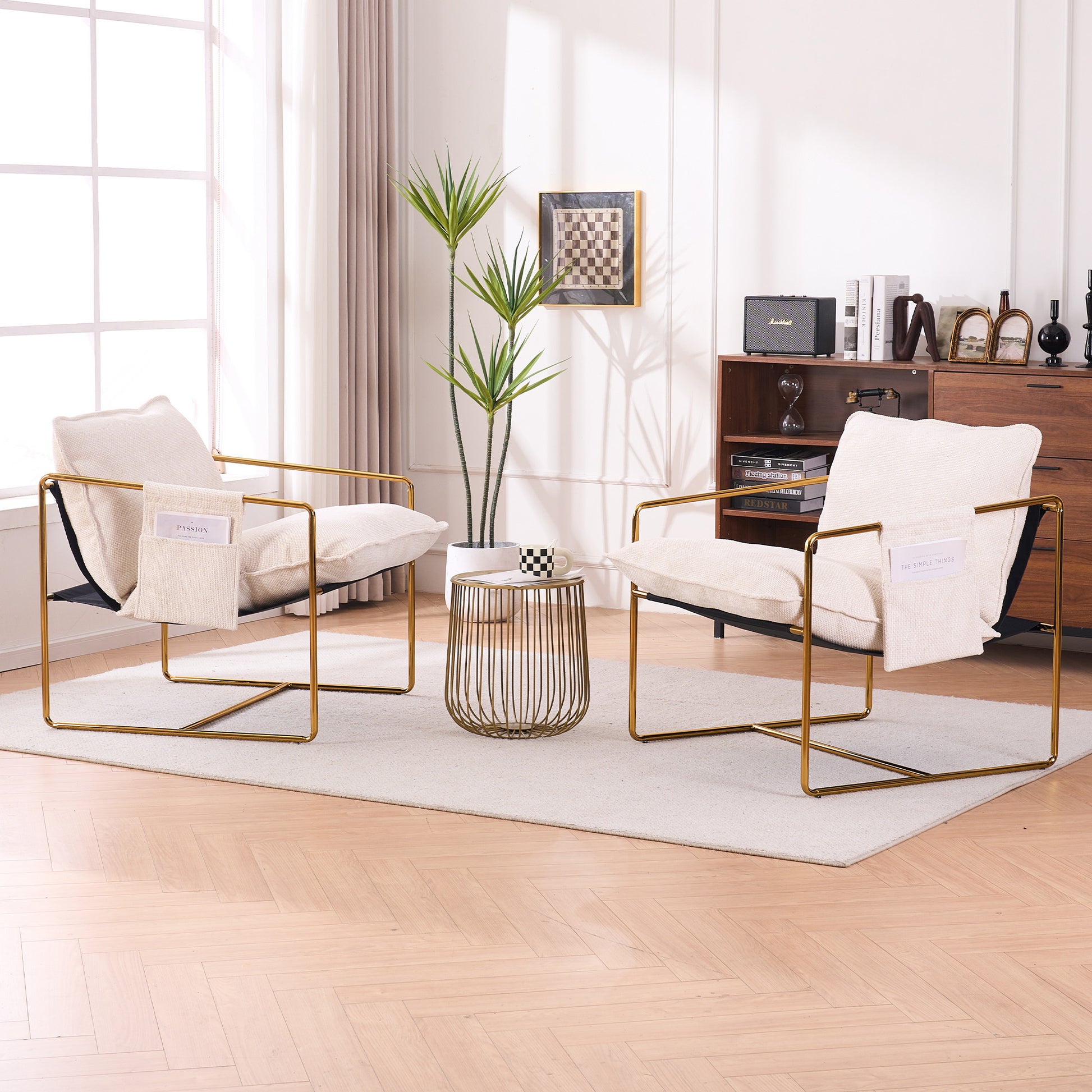 Quilla Modern Accent Chairs with Golden Metal Frame Set of 2 , Beige