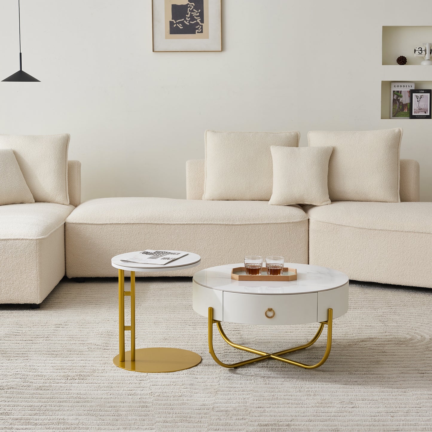 Sandy Modern Faux Marble Nesting Tables, White & Gold