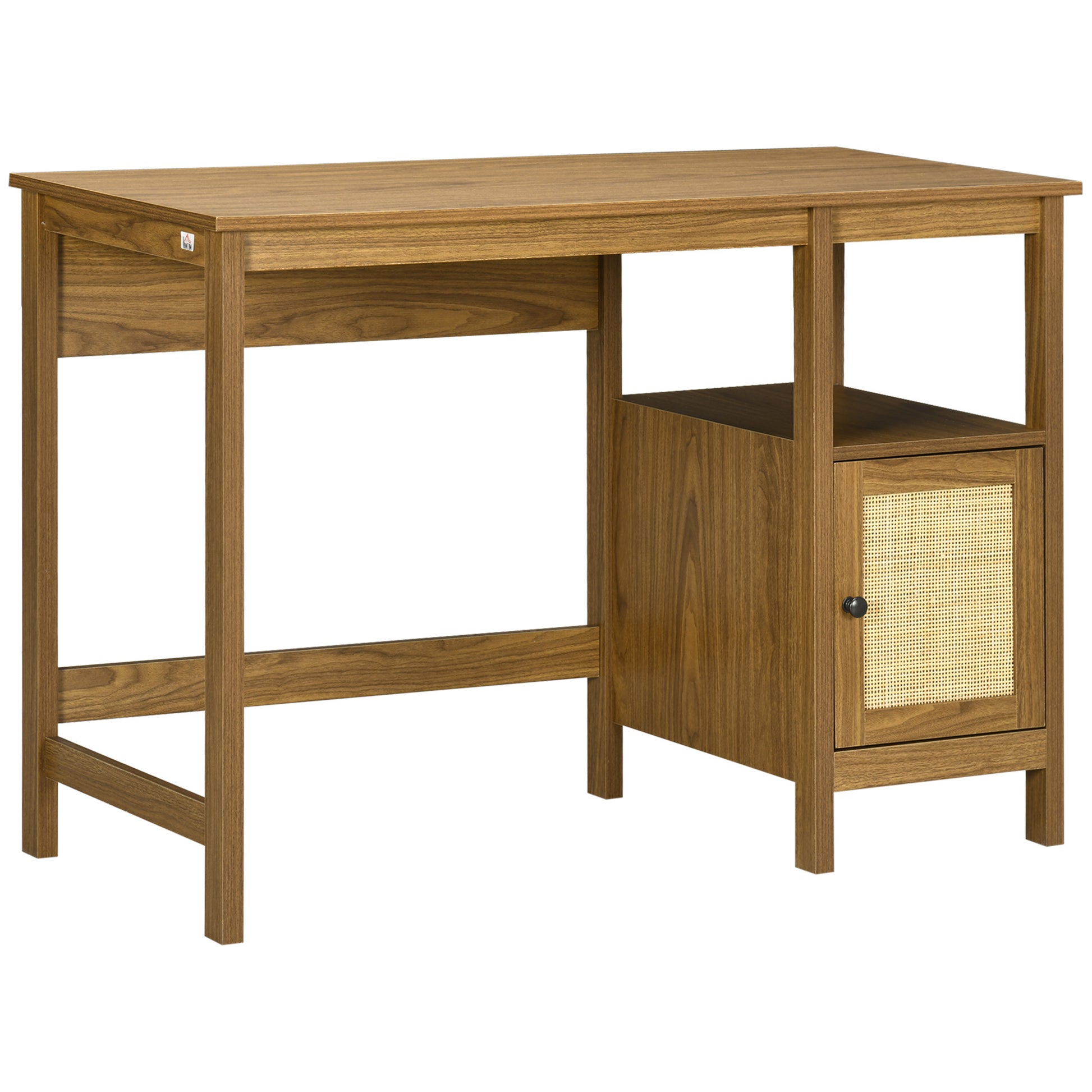 Briar Space-Saving Small Computer Desk with Storage Shelf & Rattan Cabinet, Light Walnut