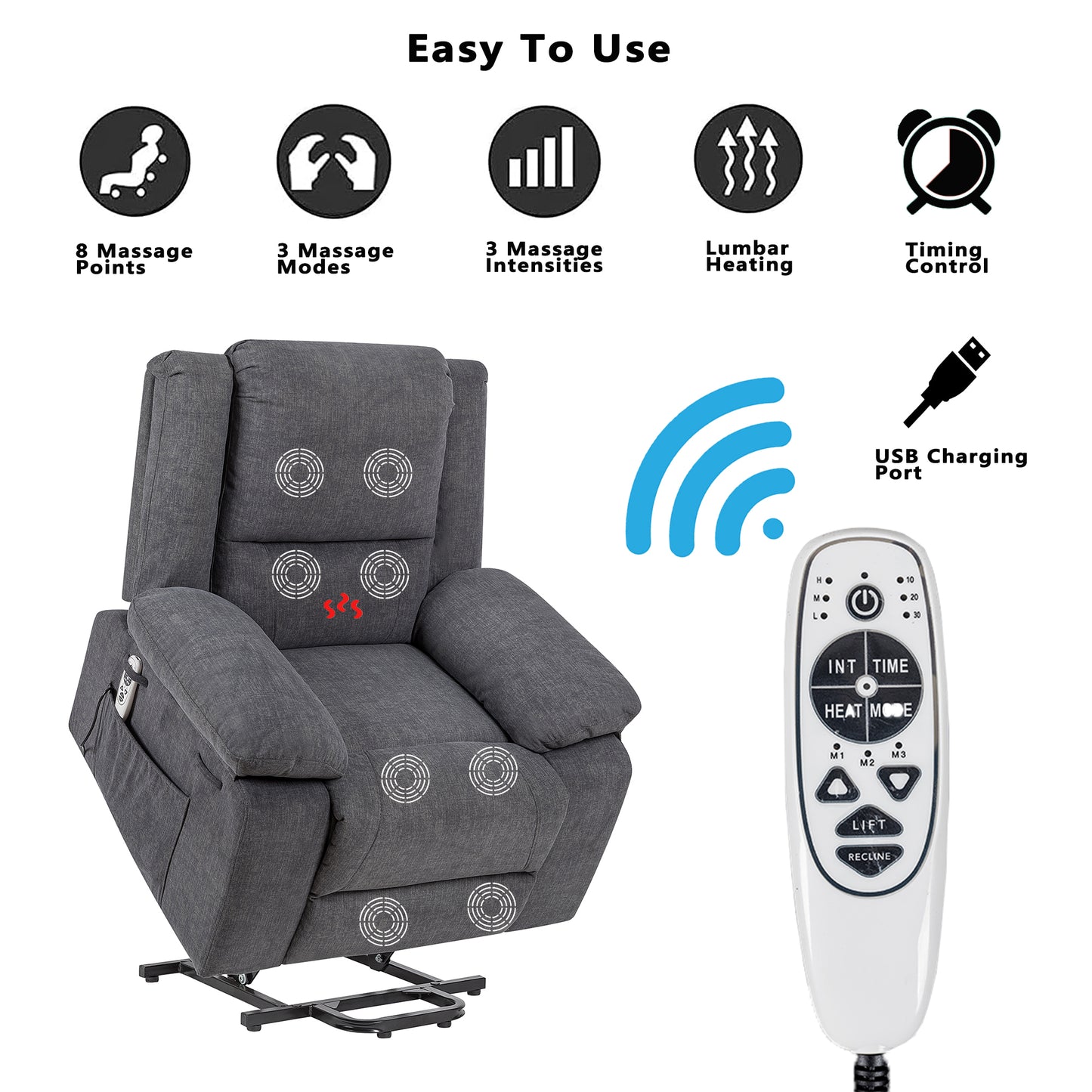 Elgen Power Lift Recliner with Massage & Heat, Dark Gray