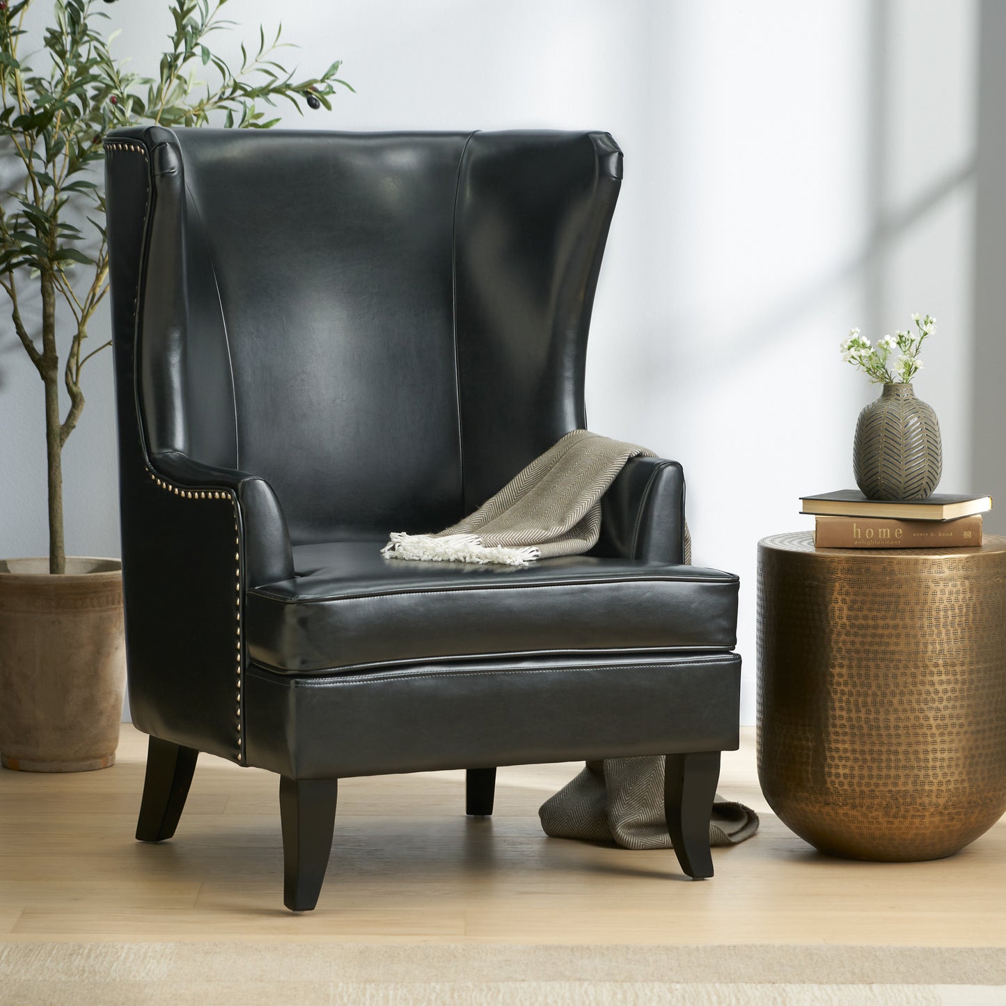 Canterbury Modern PU Leather High Back Chair with Silver Nailhead, Black