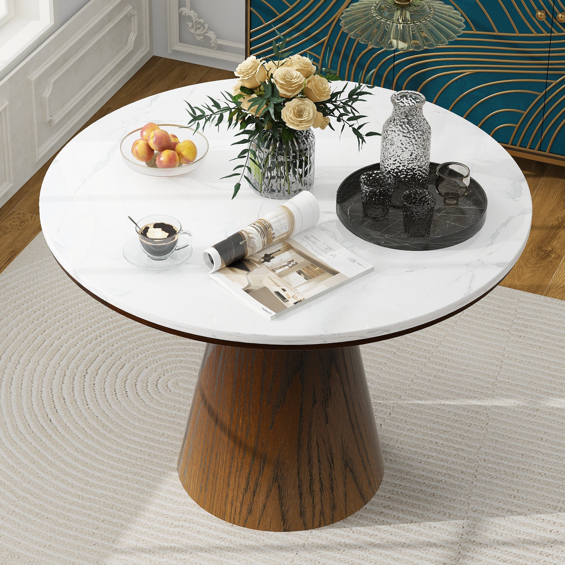 Verena 45" Round Mid-Century Modern Dining Table , White & Brown