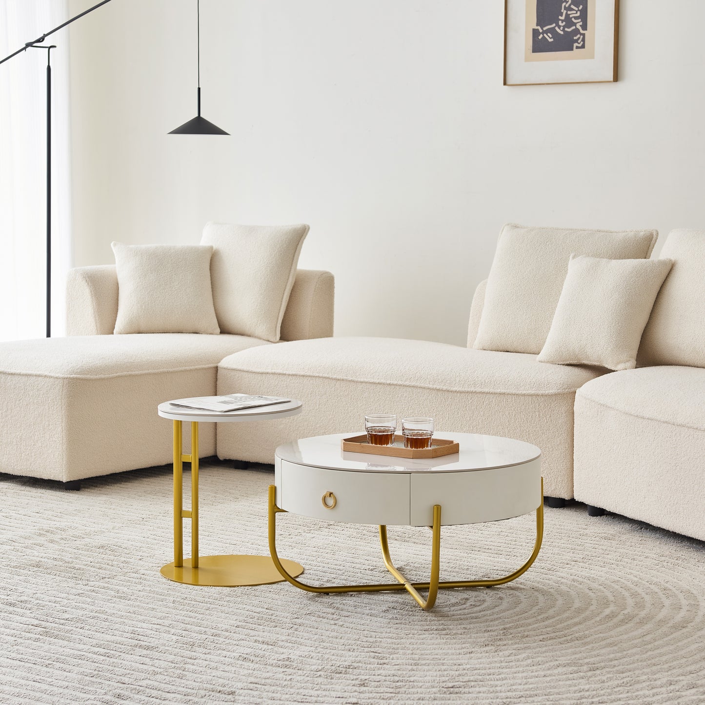 Sandy Modern Faux Marble Nesting Tables, White & Gold