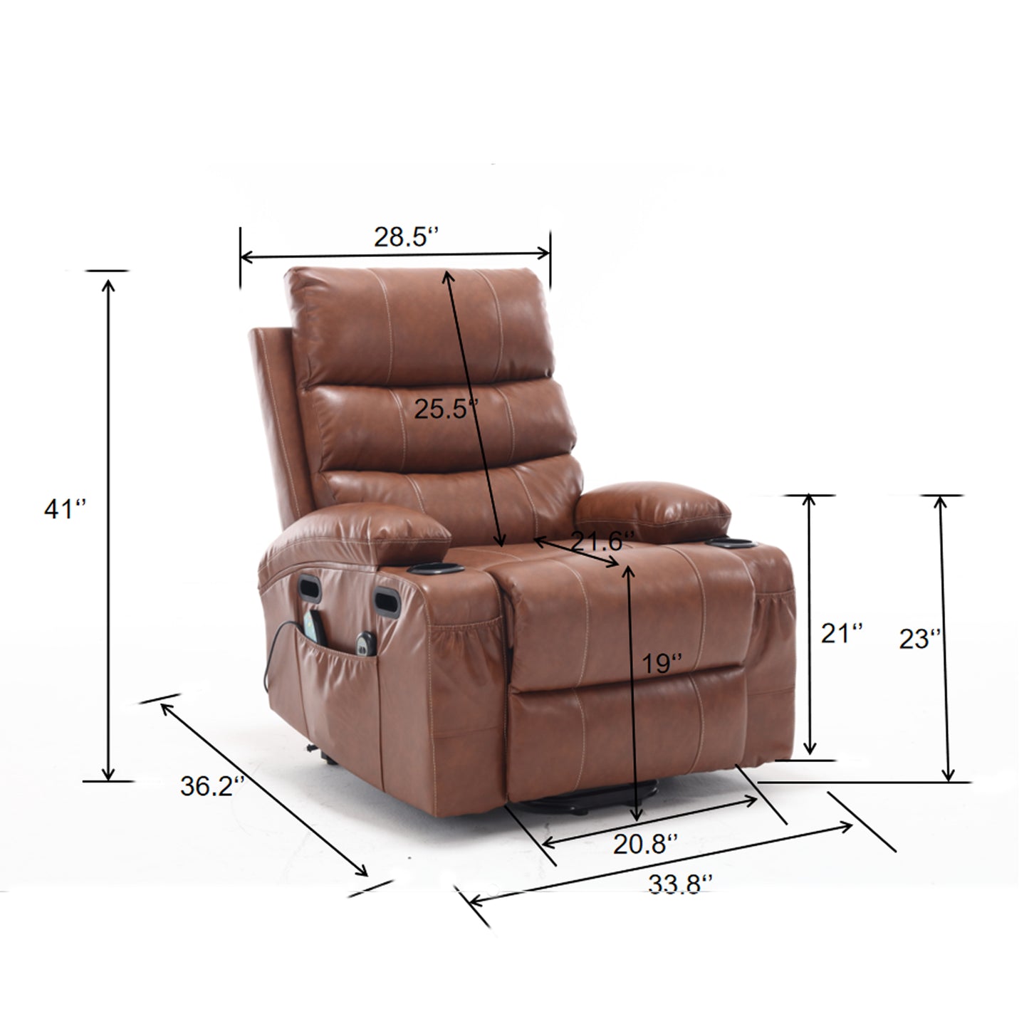 Selini Oversize PU Leather Power Lift Recliner with Massage & Heat, Brown