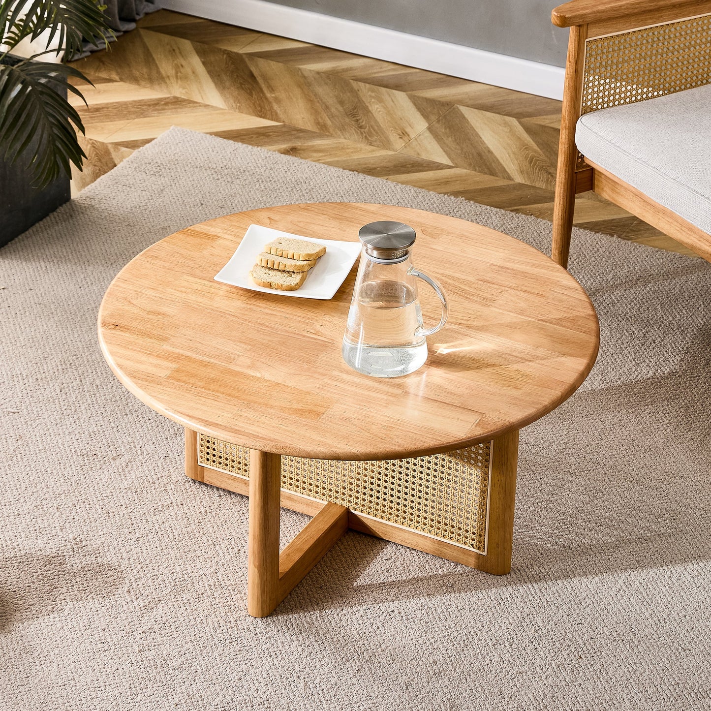 Brent Natural Finish Round Coffee Table with Rattan