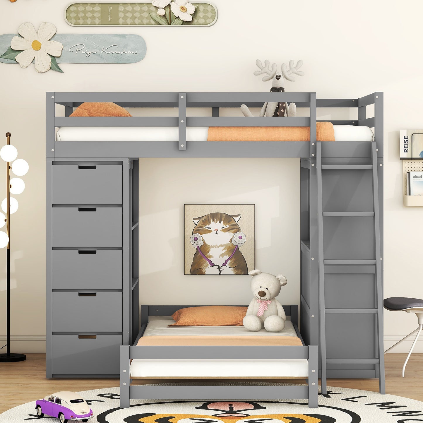 Ward Twin over Twin Bunk Bed with LED Light and USB Ports, Gray