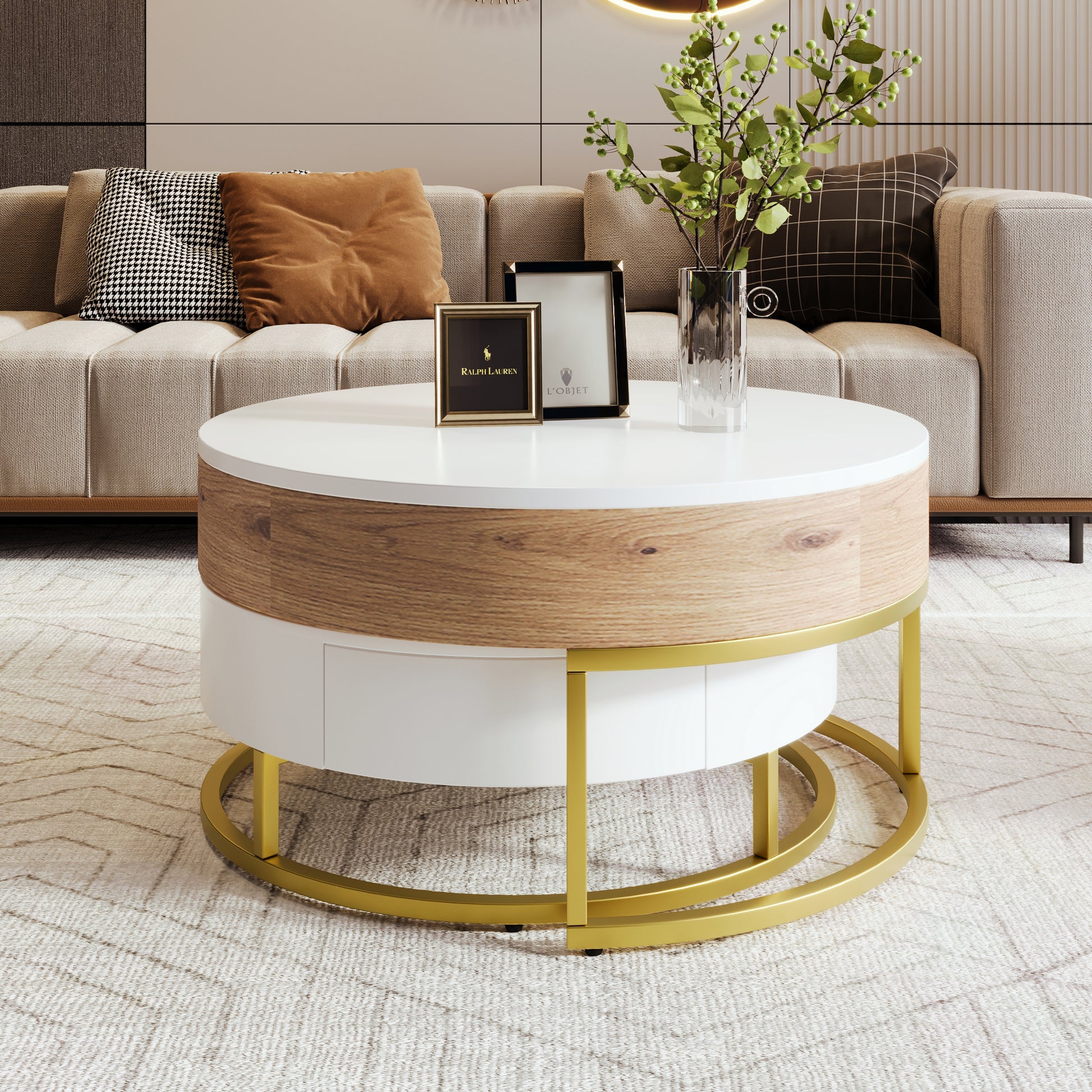 Nerys Modern Round Lift-top Nesting Coffee Tables with 2 Drawers White & Natural