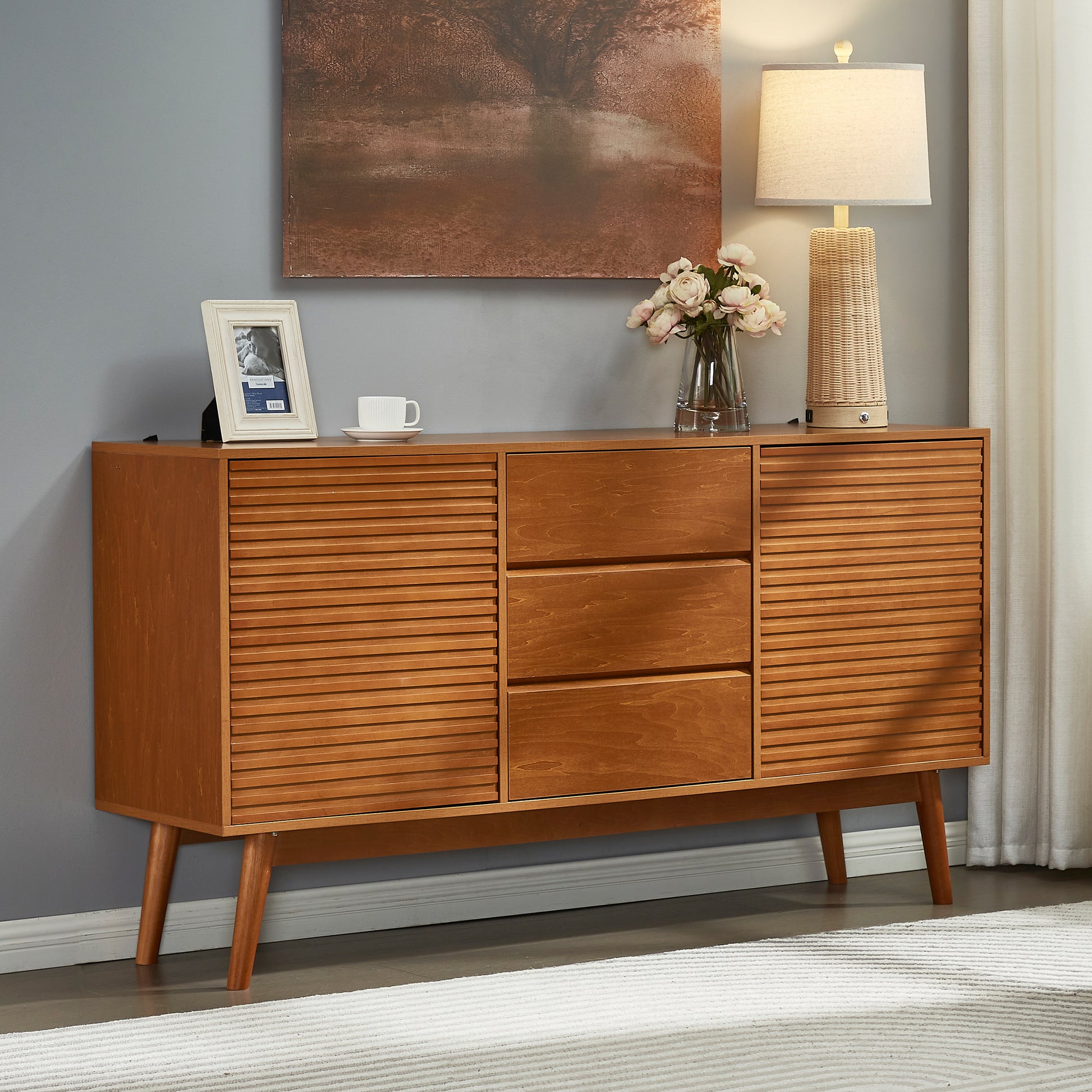 Wren Mid-Century Modern Cabinet with Angled Legs, Honey