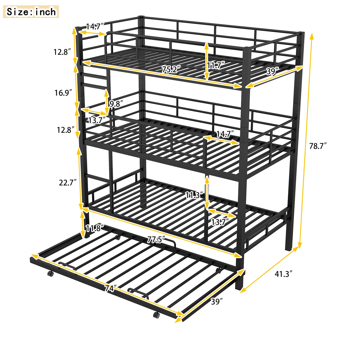 Emily Metal Twin Size Triple Bunk Bed With Trundle, Black