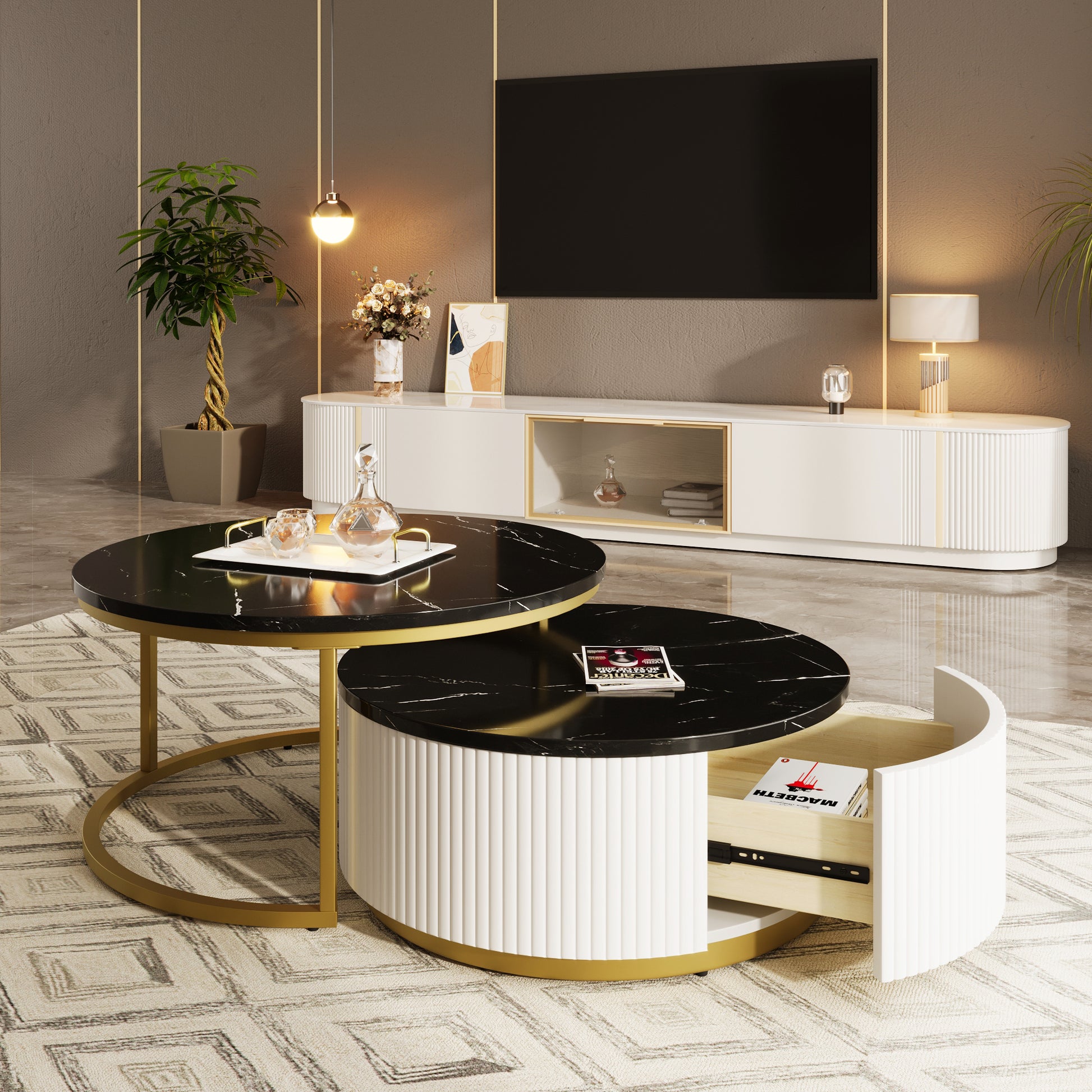 Maggie Modern Round Nesting Coffee Table Fluted with Drawer in Black & Gold in 31.5''