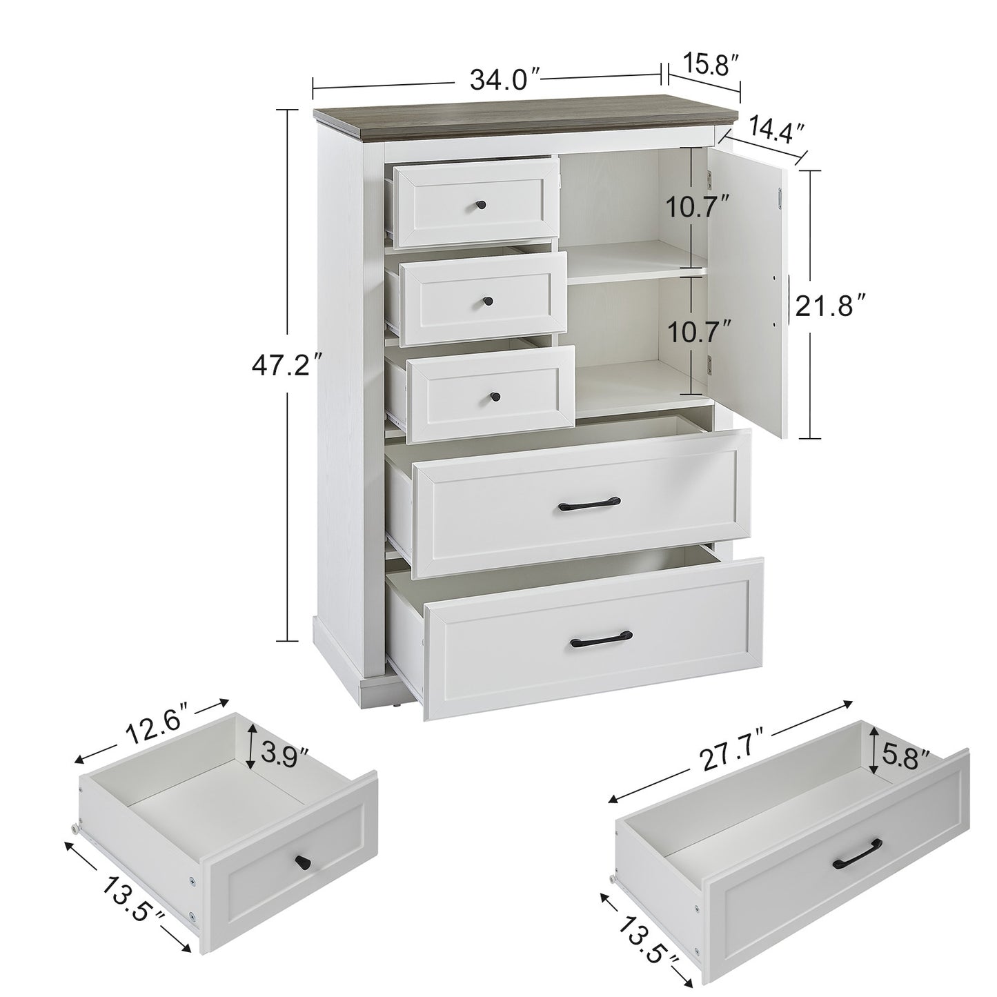 Farmhouse Style 5-Drawer Door Chest in White