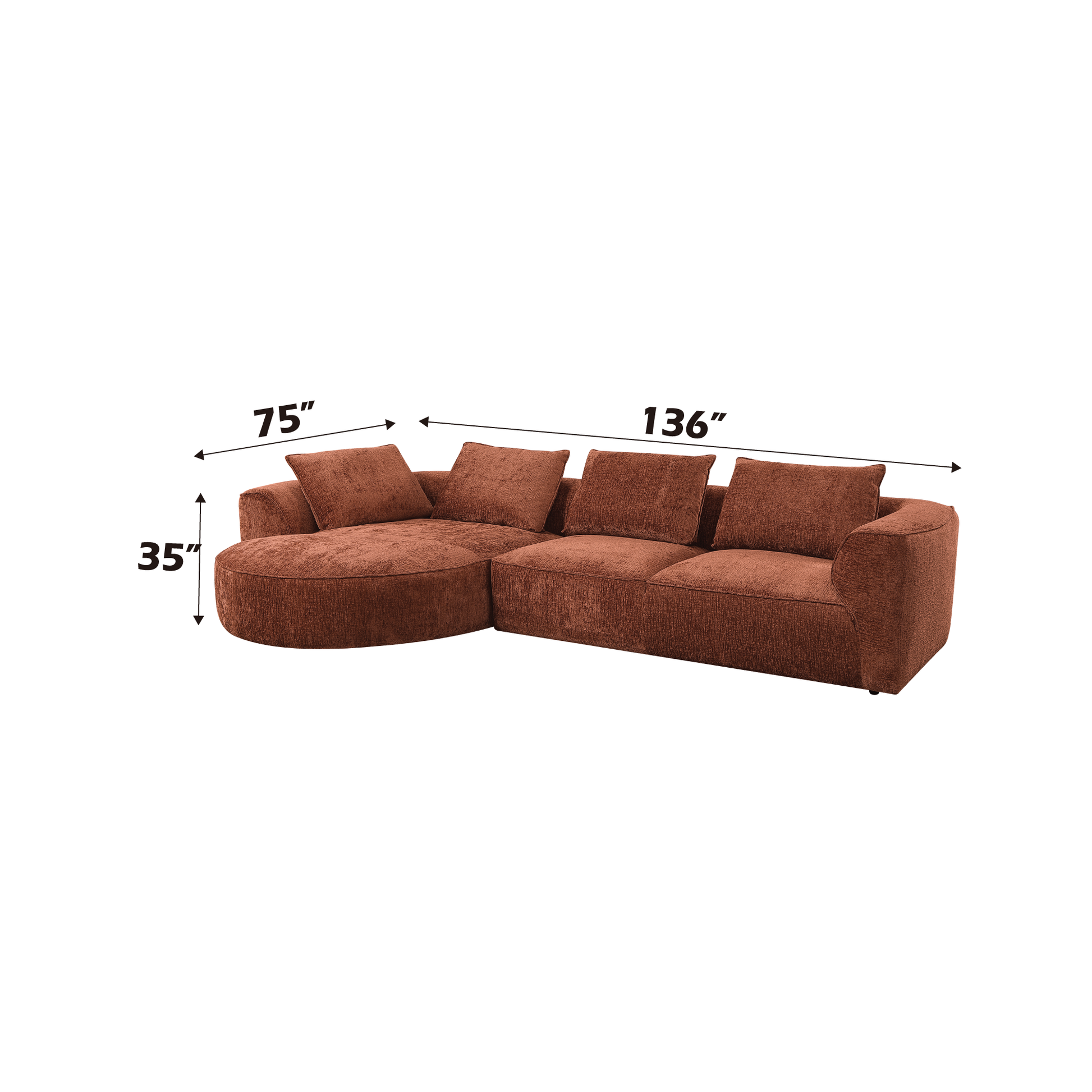 Aceso Rust Brown Chenille Sectional Sofa with 4 Toss Pillows